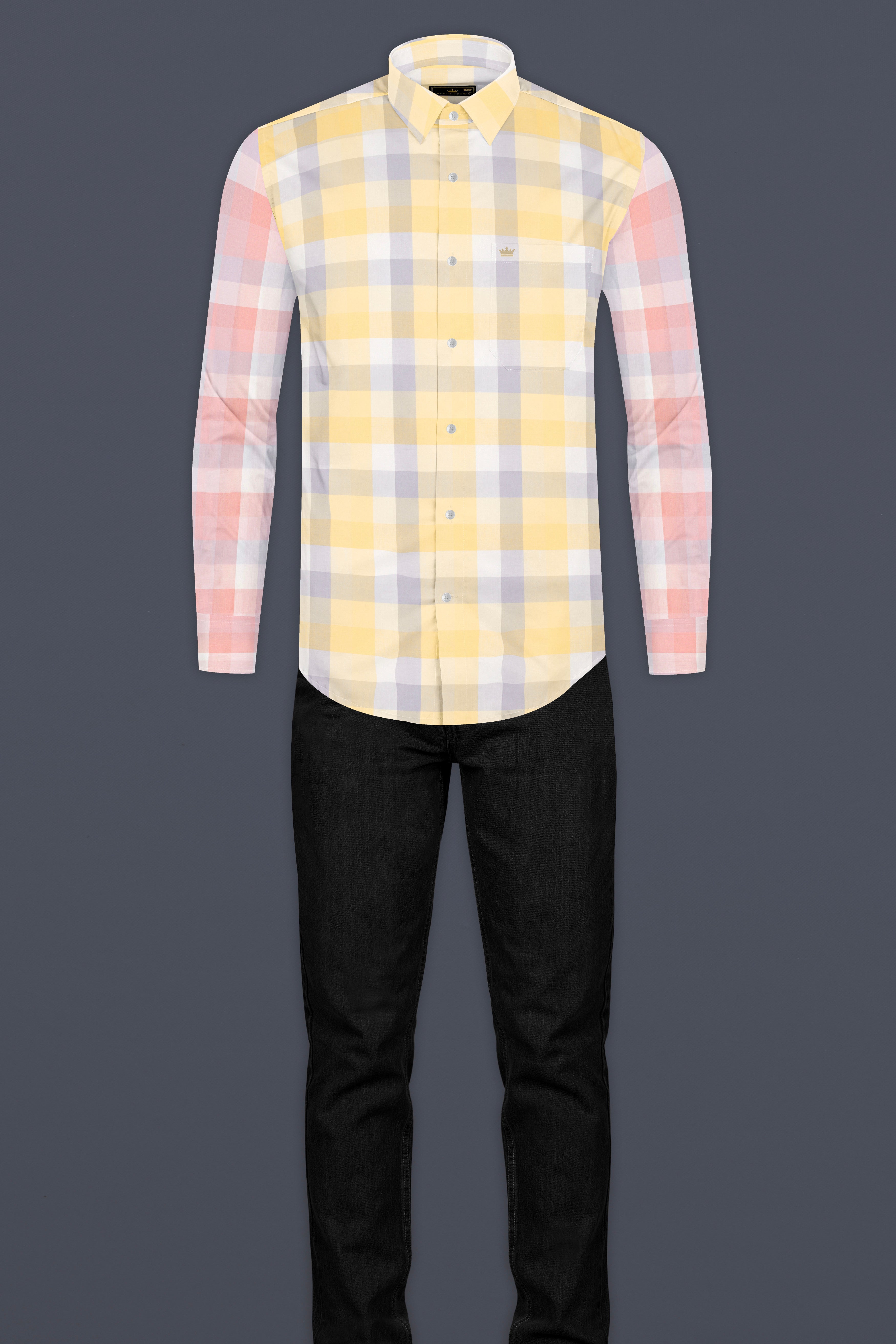 Tequila Yellow with Melon pink with Metallic Blue Plaid Giza Cotton Designer Shirt