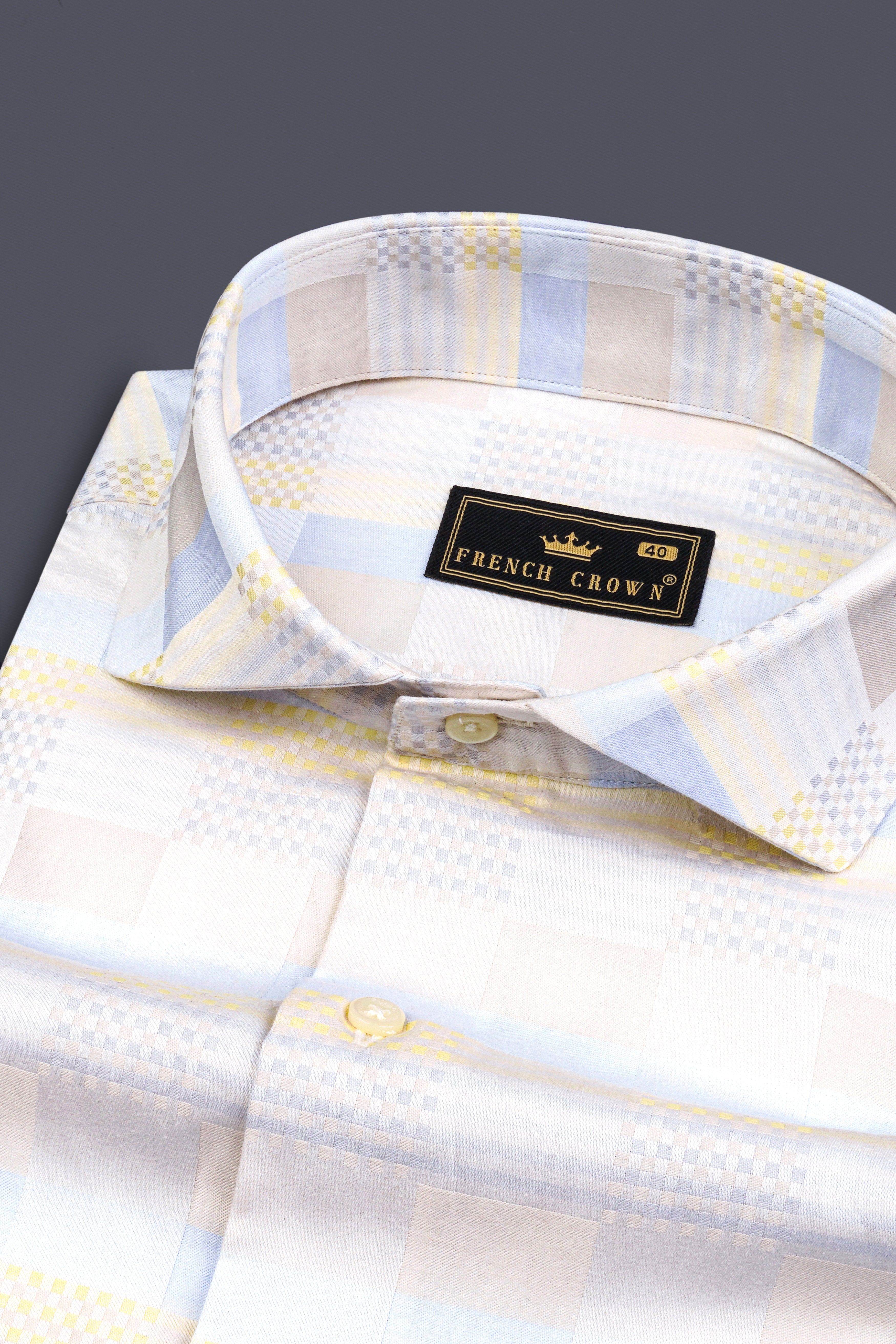 Merino Cream with Pigeon Blue Jacquard Textured Printed Premium Cotton Shirt