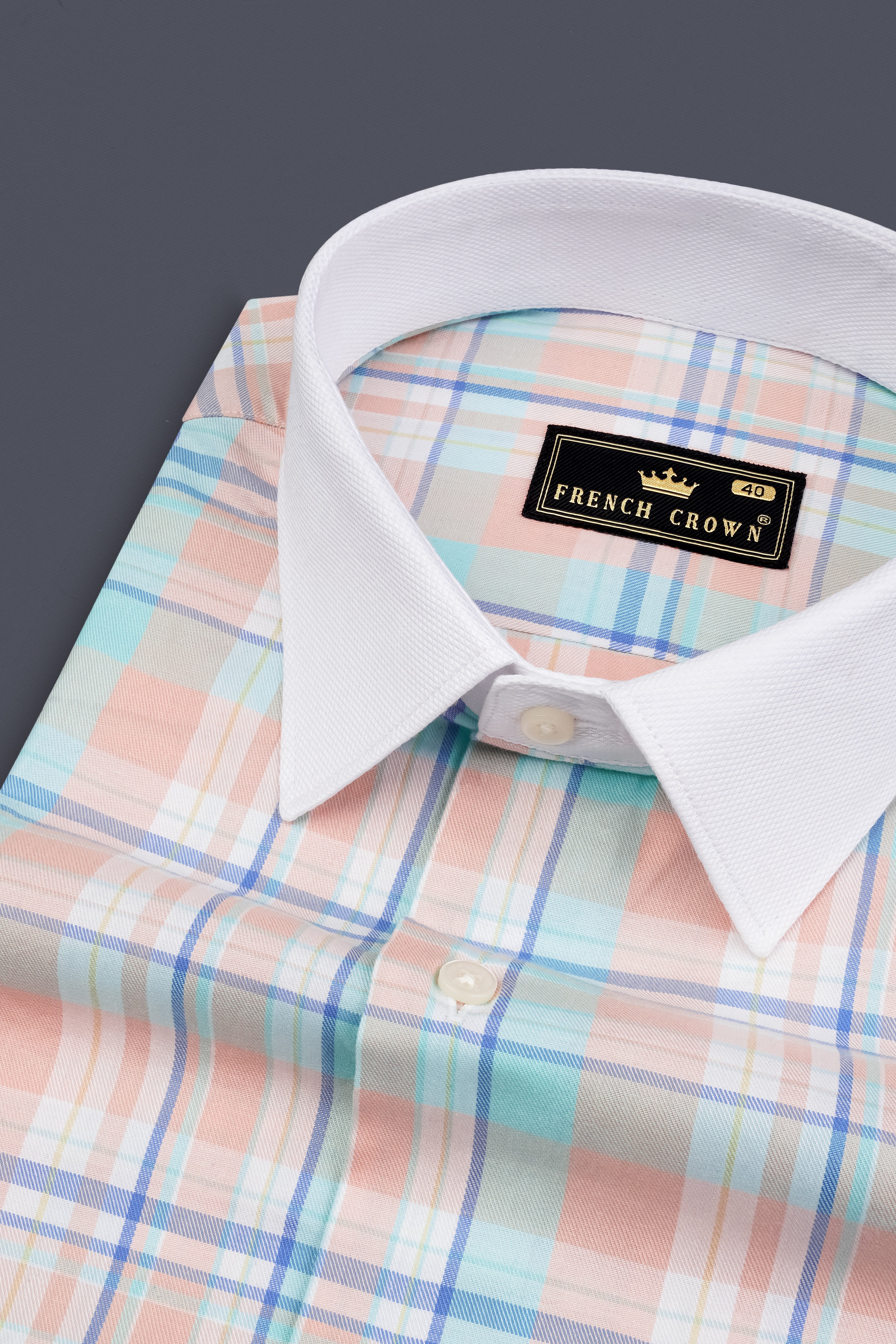 Polo Blue with Oyster Pink and Ziggurat Green Plaid Twill Cotton Shirt