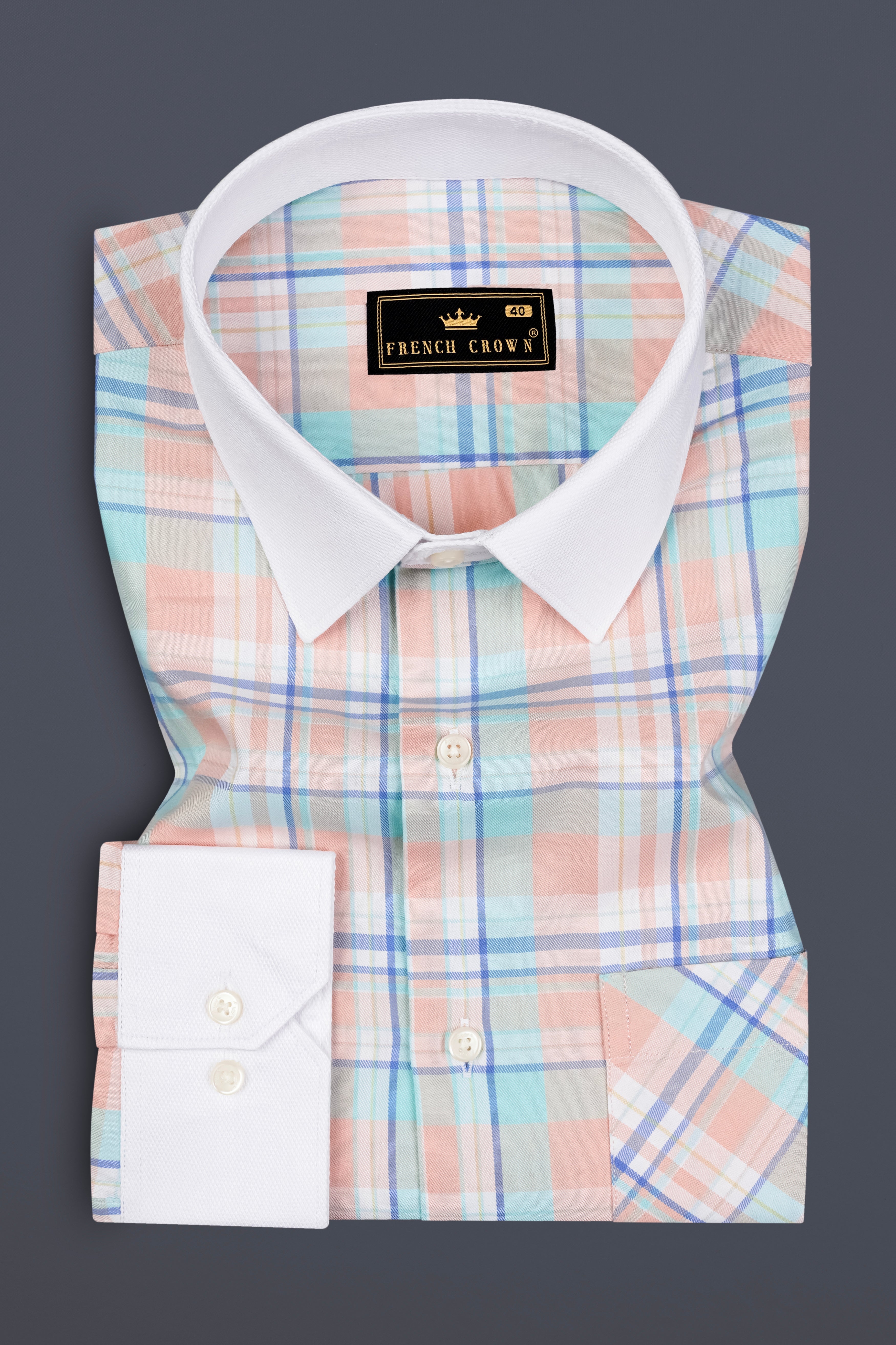 Polo Blue with Oyster Pink and Ziggurat Green Plaid Twill Cotton Shirt