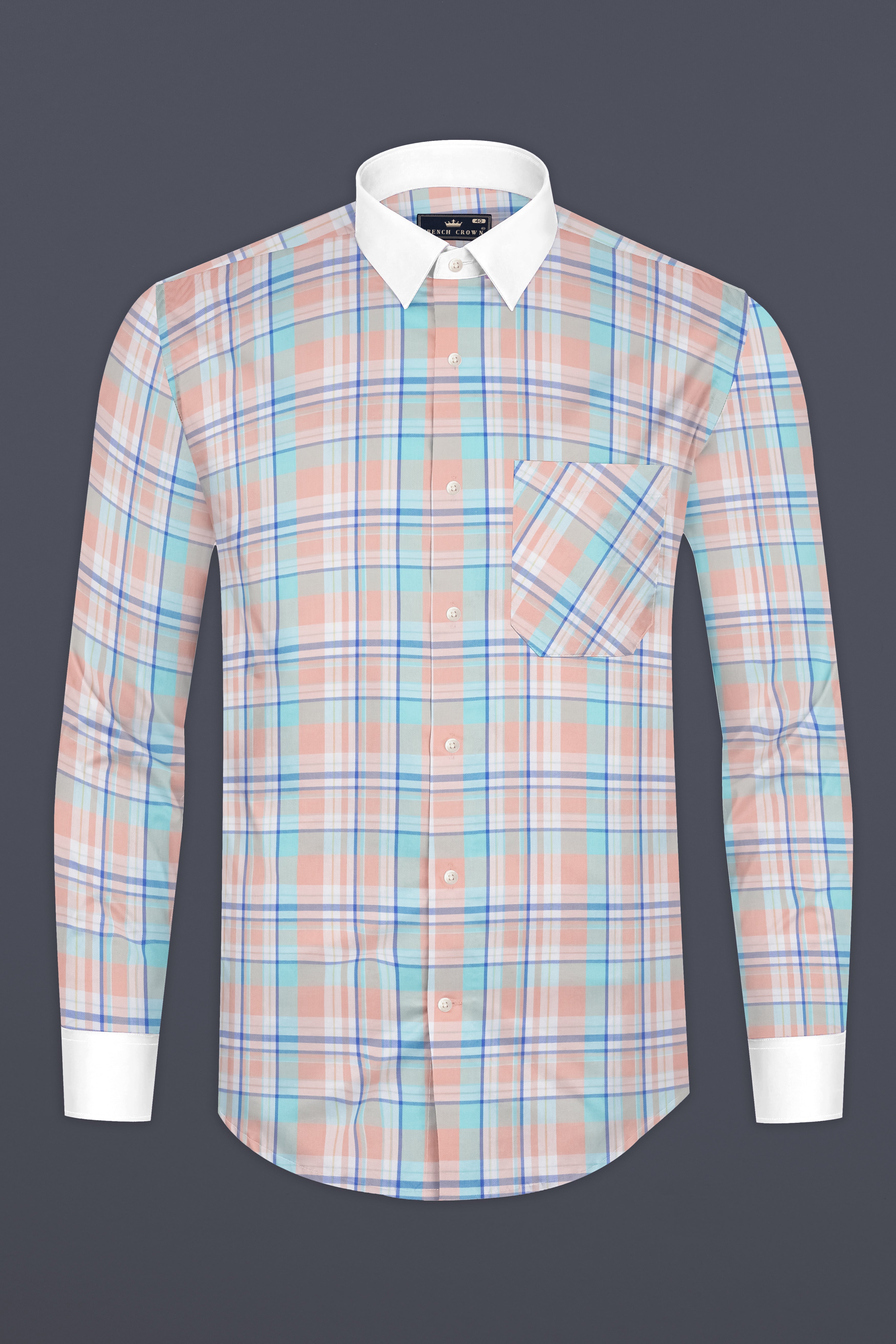 Polo Blue with Oyster Pink and Ziggurat Green Plaid Twill Cotton Shirt