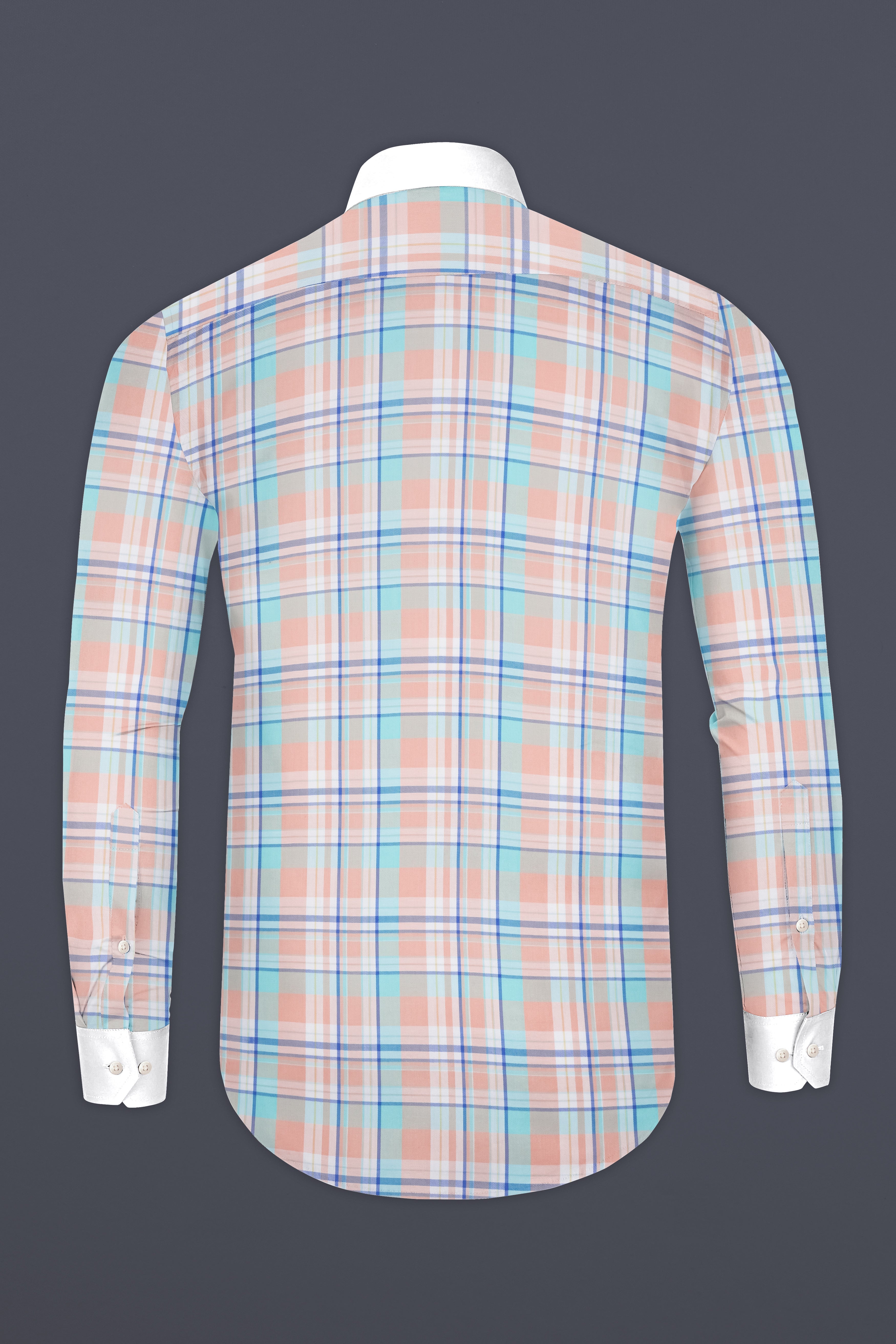 Polo Blue with Oyster Pink and Ziggurat Green Plaid Twill Cotton Shirt