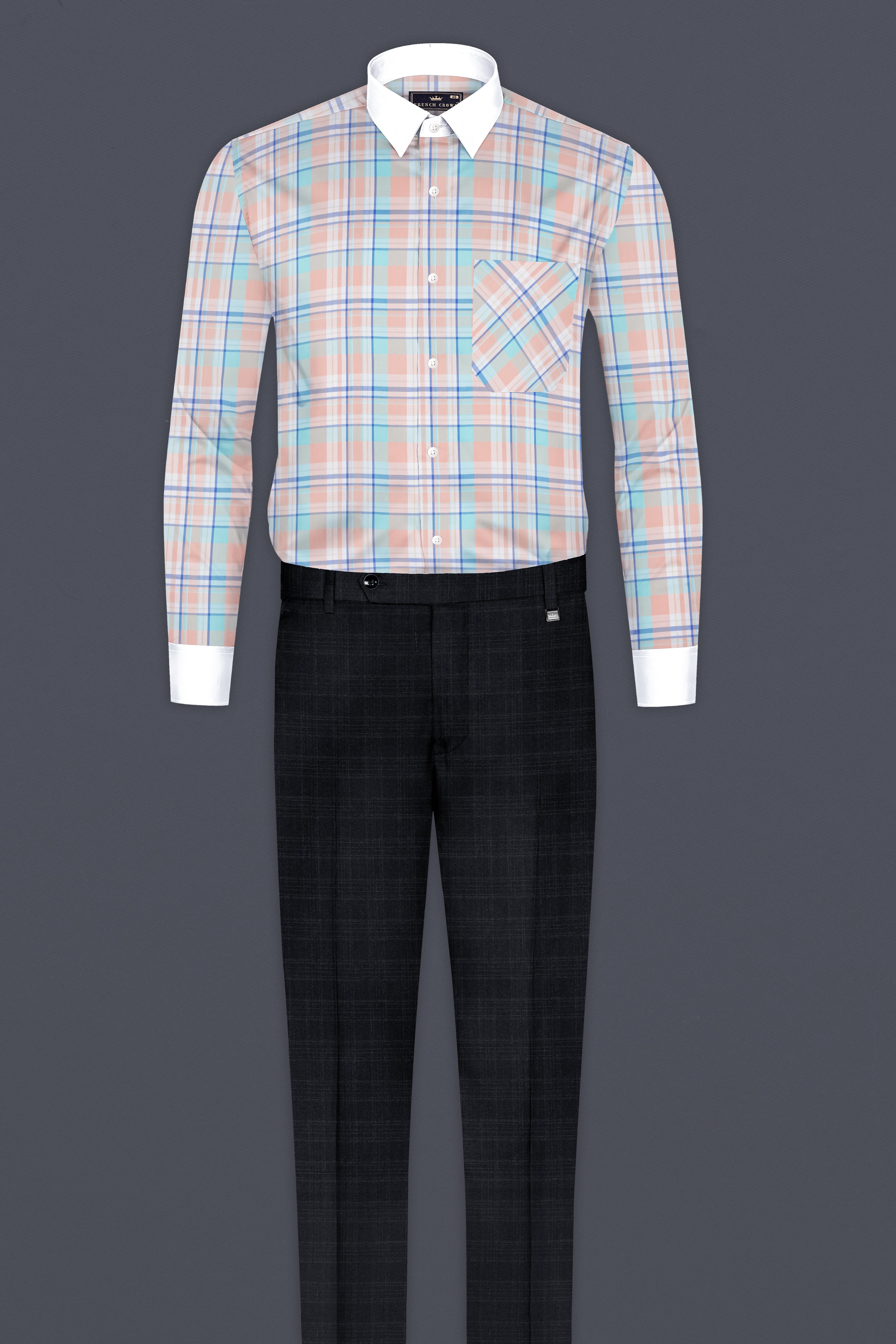 Polo Blue with Oyster Pink and Ziggurat Green Plaid Twill Cotton Shirt