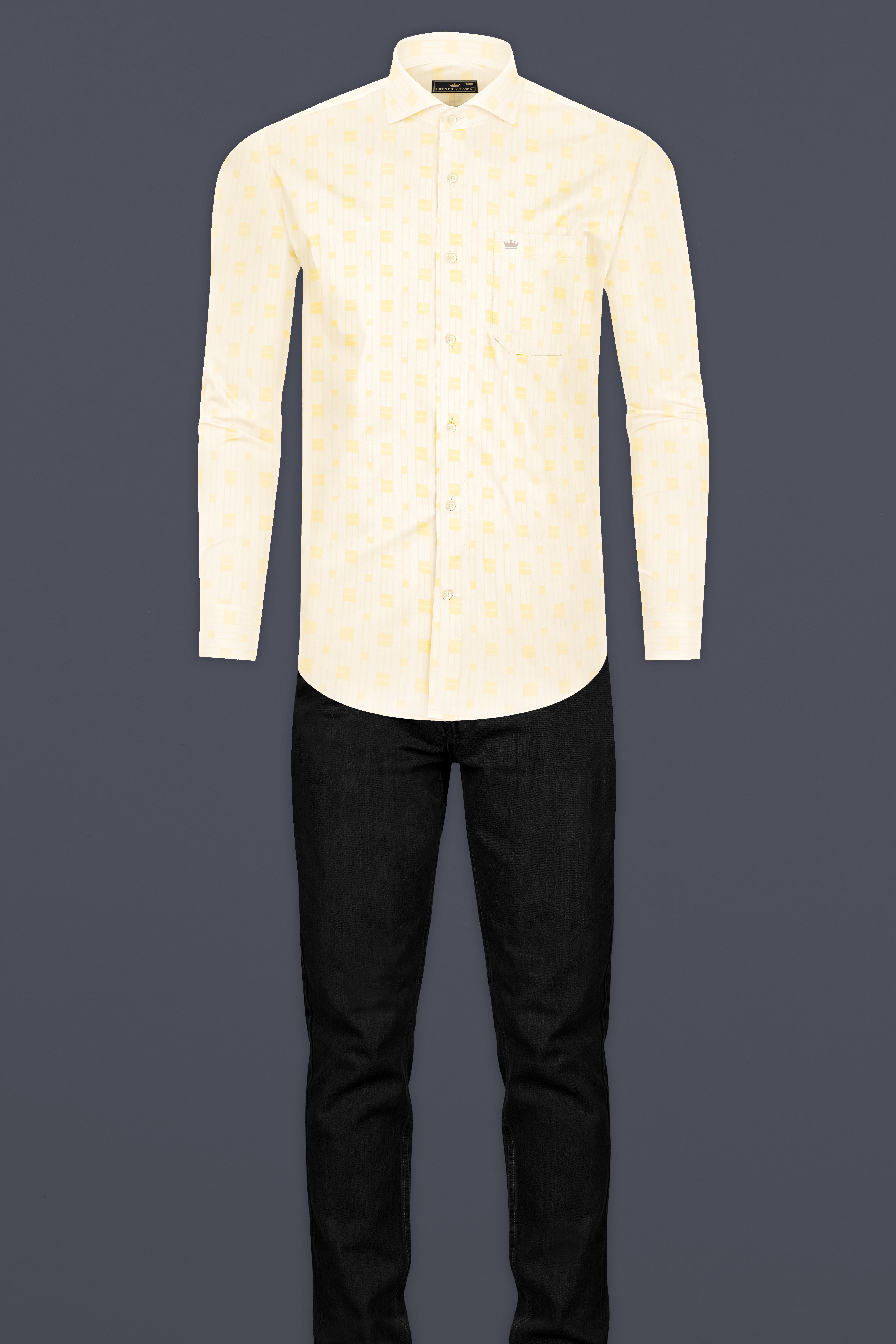 Pearl Bush Cream with Jacquard Yellow Square textured Premium Cotton Shirt