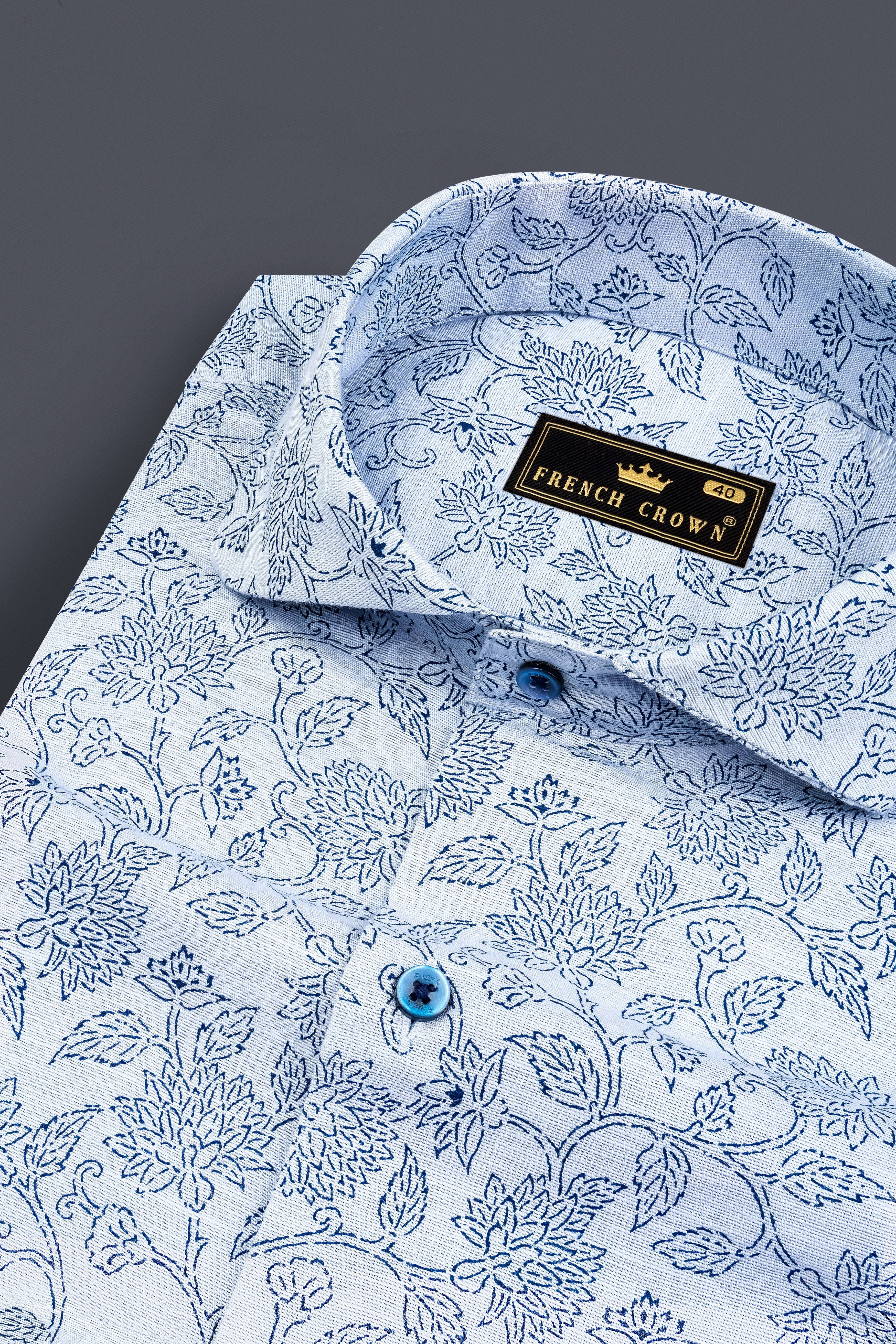 Link Water Blue with Madison Blue Leaves Printed Luxuries Linen Shirt