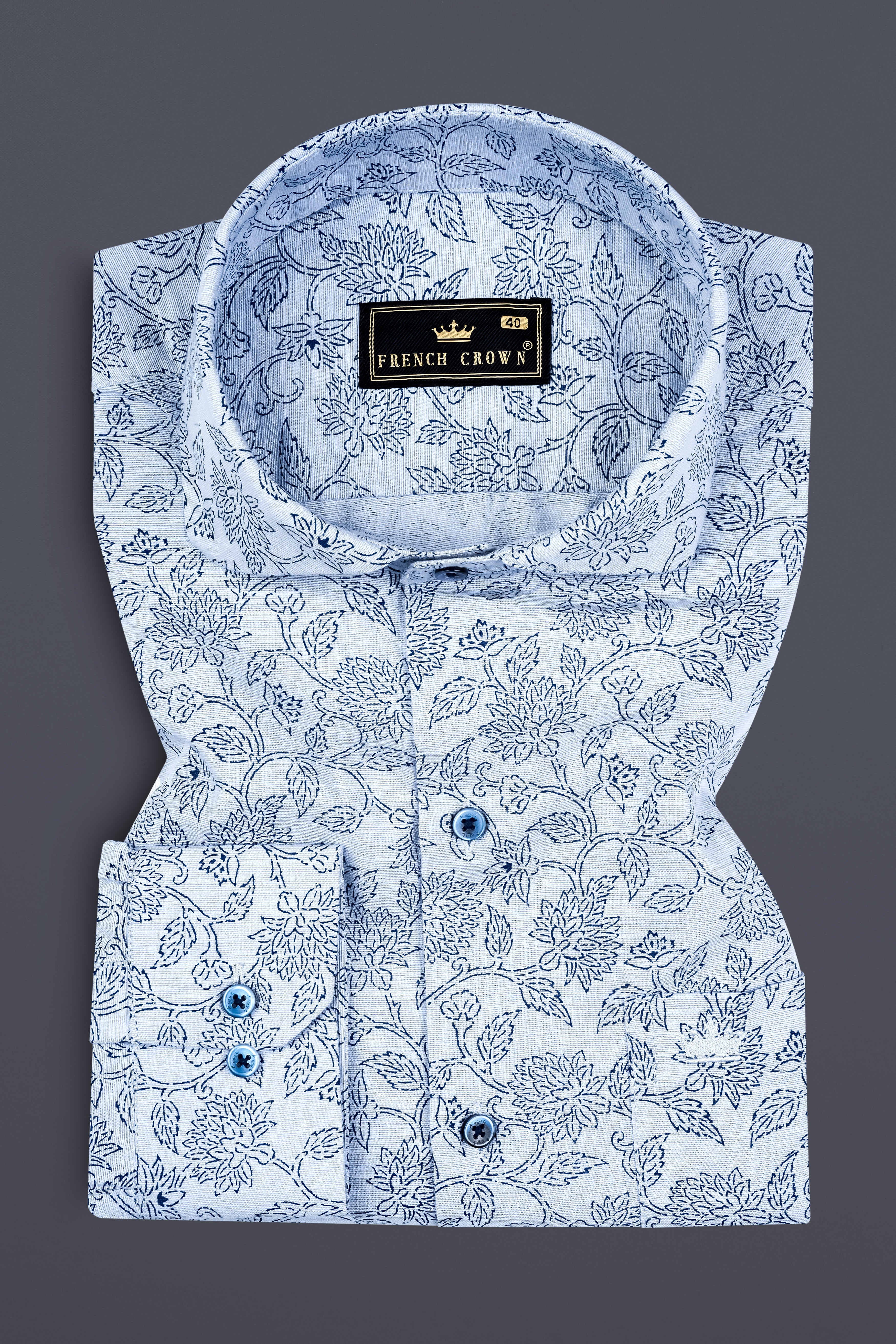 Link Water Blue with Madison Blue Leaves Printed Luxuries Linen Shirt