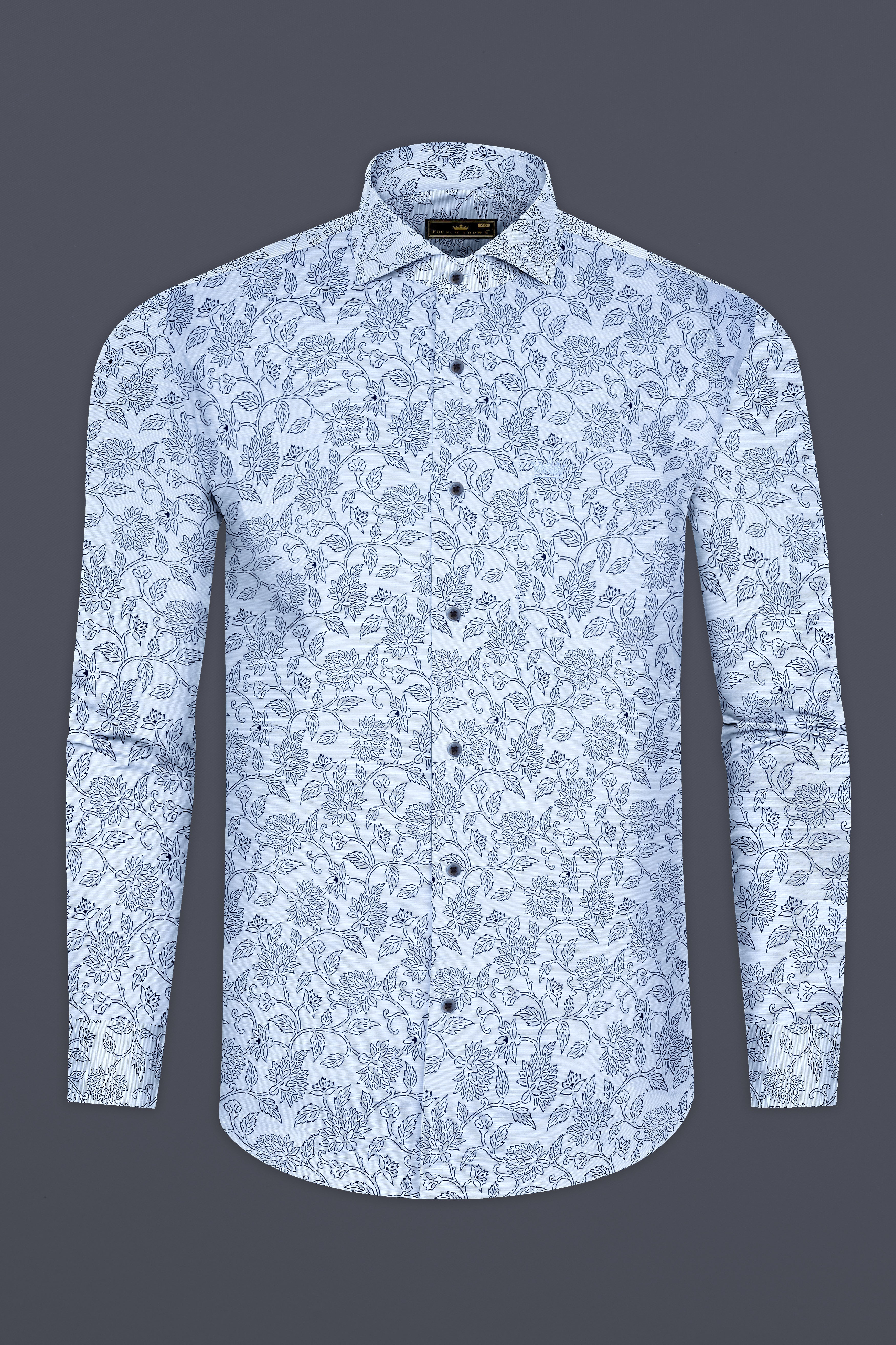 Link Water Blue with Madison Blue Leaves Printed Luxuries Linen Shirt