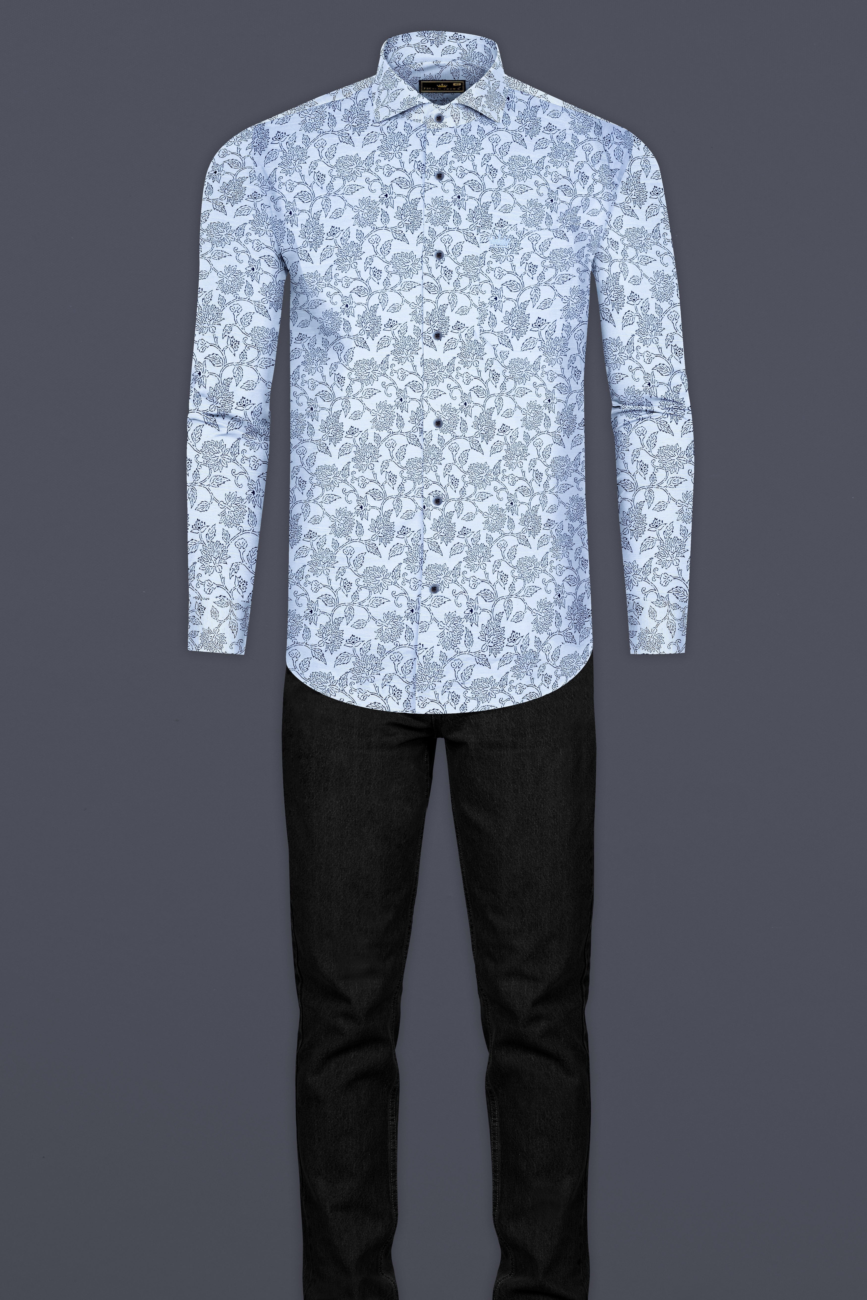 Link Water Blue with Madison Blue Leaves Printed Luxuries Linen Shirt