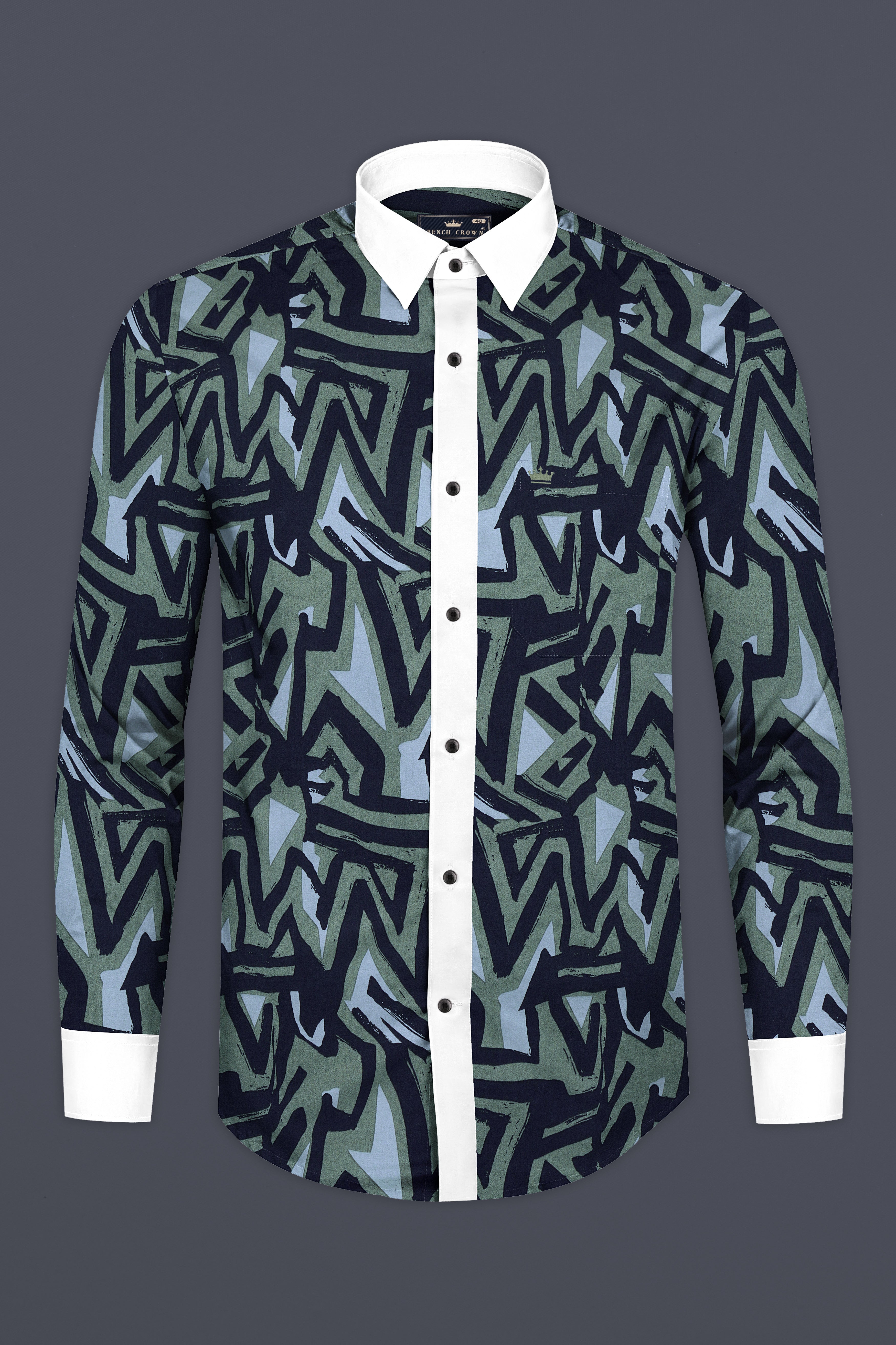 Woodsmoke Black with Davy Grey Abstract Printed Giza Cotton Shirt