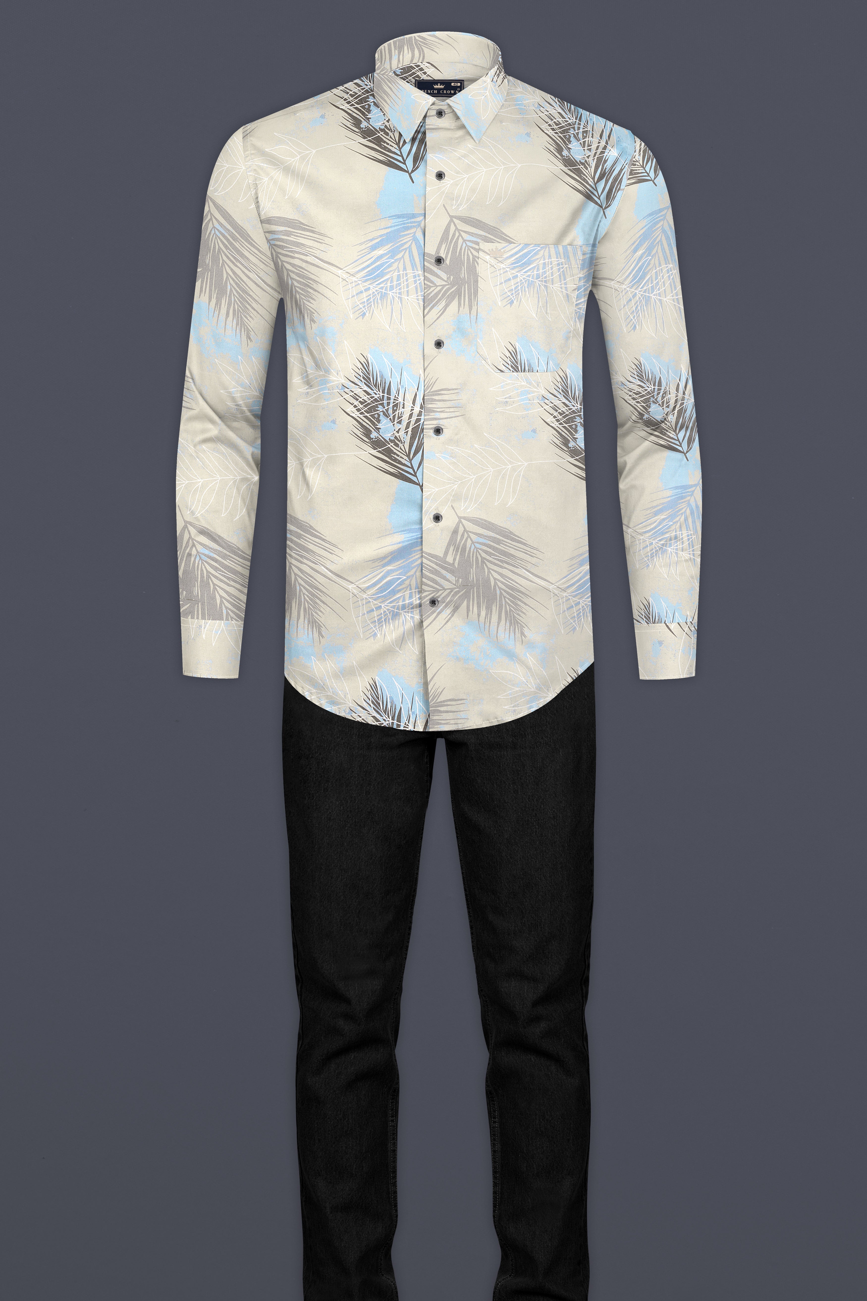 Moon Mist Grey Feather Printed Giza Cotton Shirt