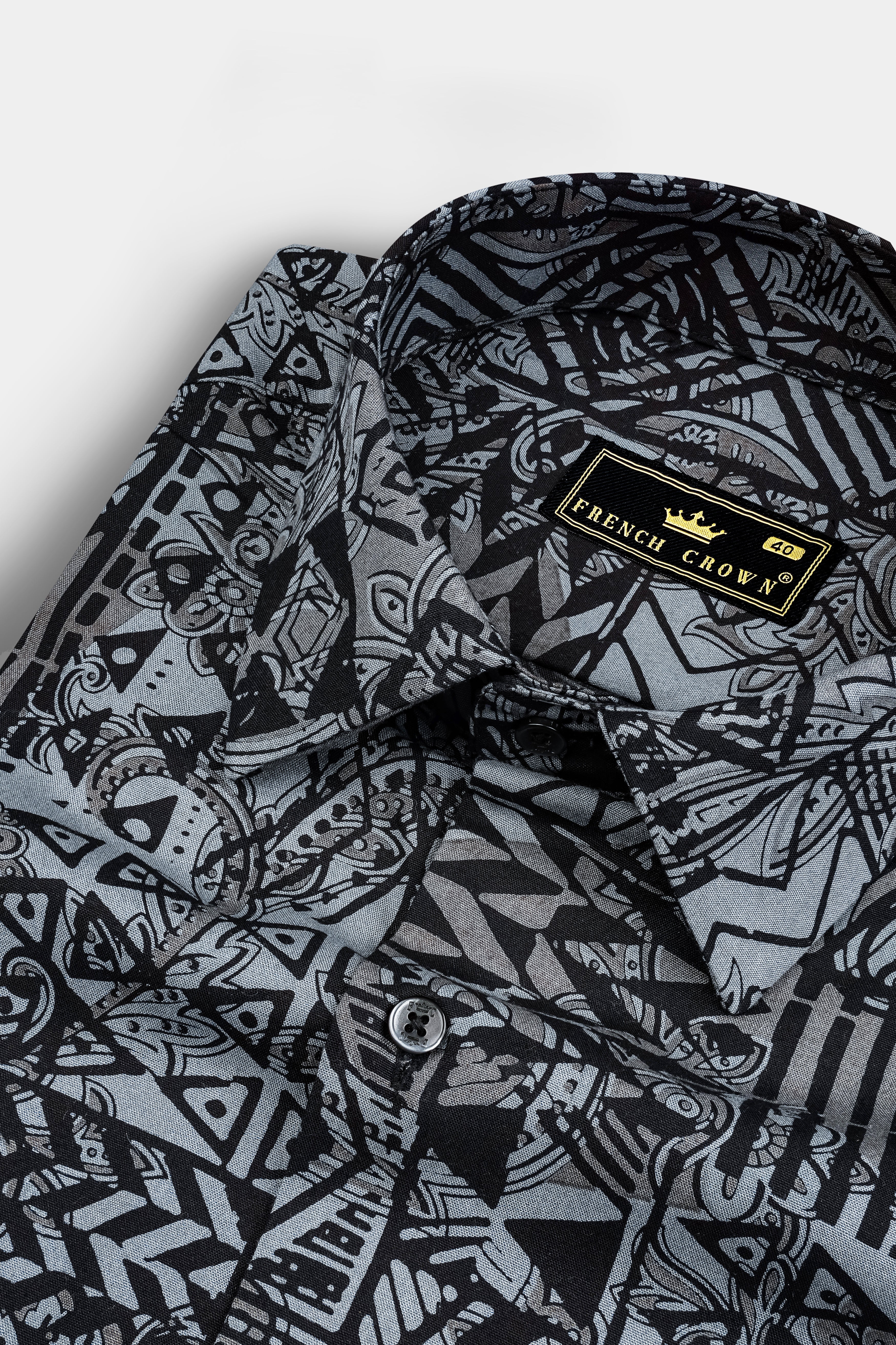 Jade Black with Mid Grey Abstract Printed Giza Cotton Shirt