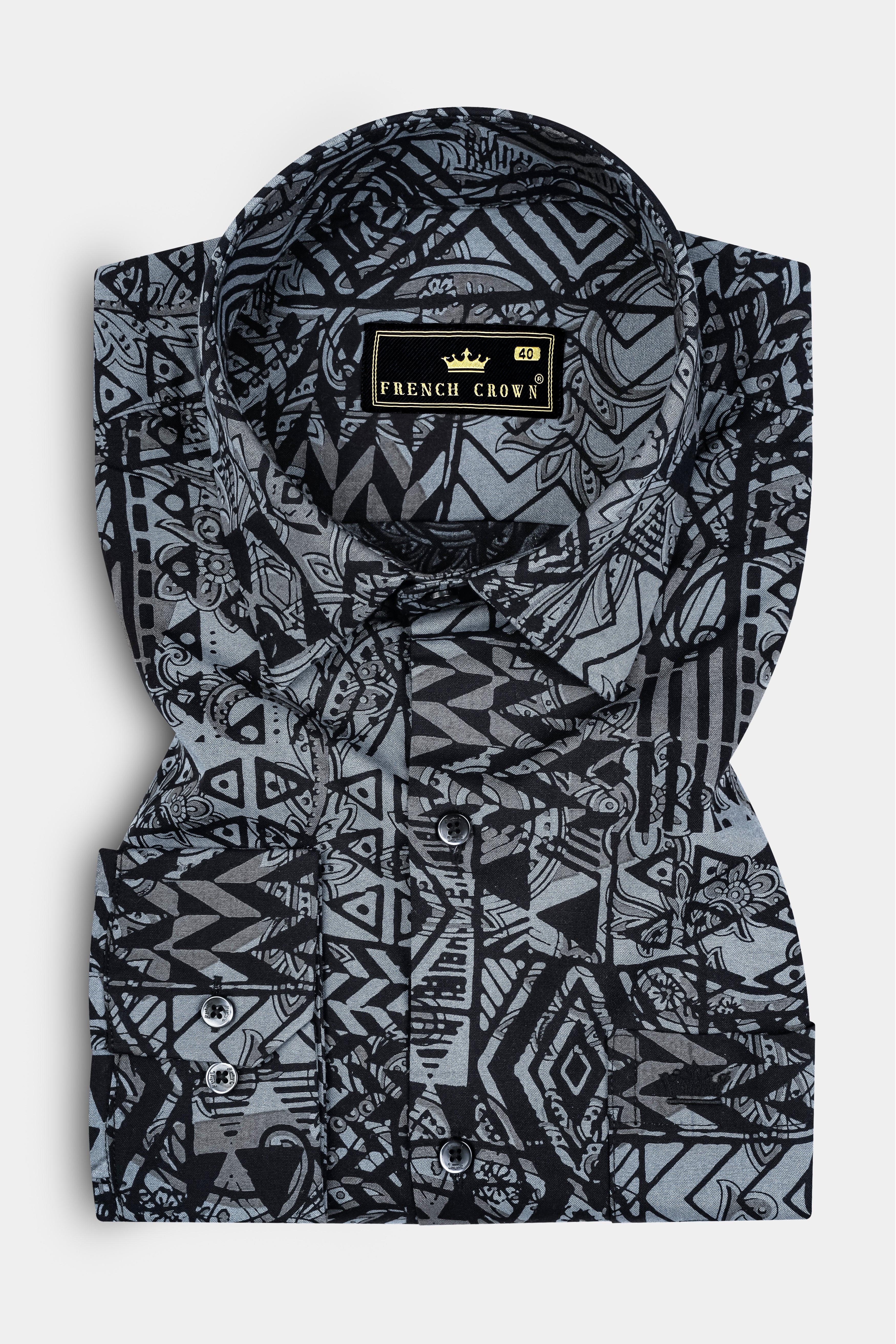 Jade Black with Mid Grey Abstract Printed Giza Cotton Shirt