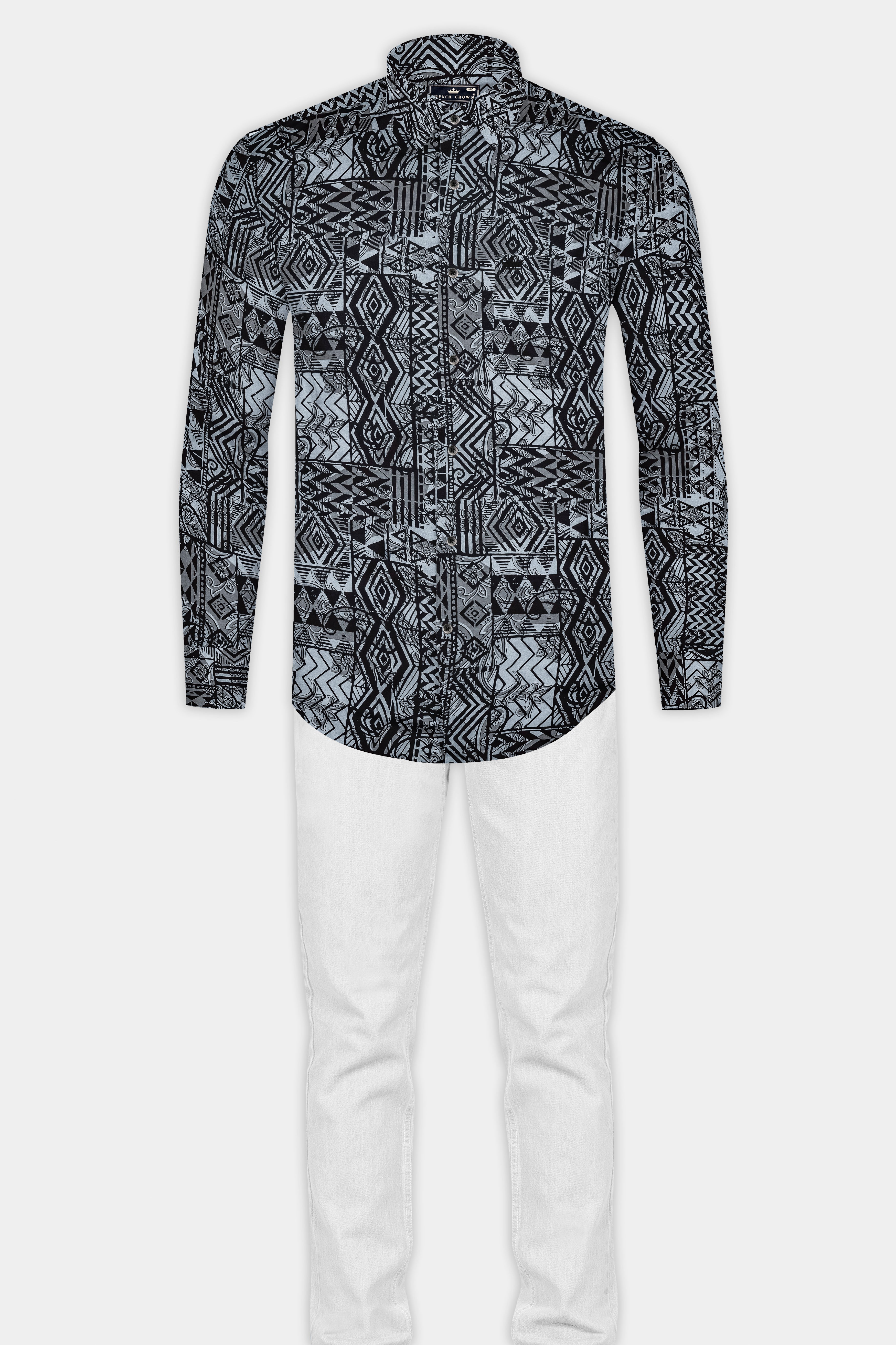 Jade Black with Mid Grey Abstract Printed Giza Cotton Shirt