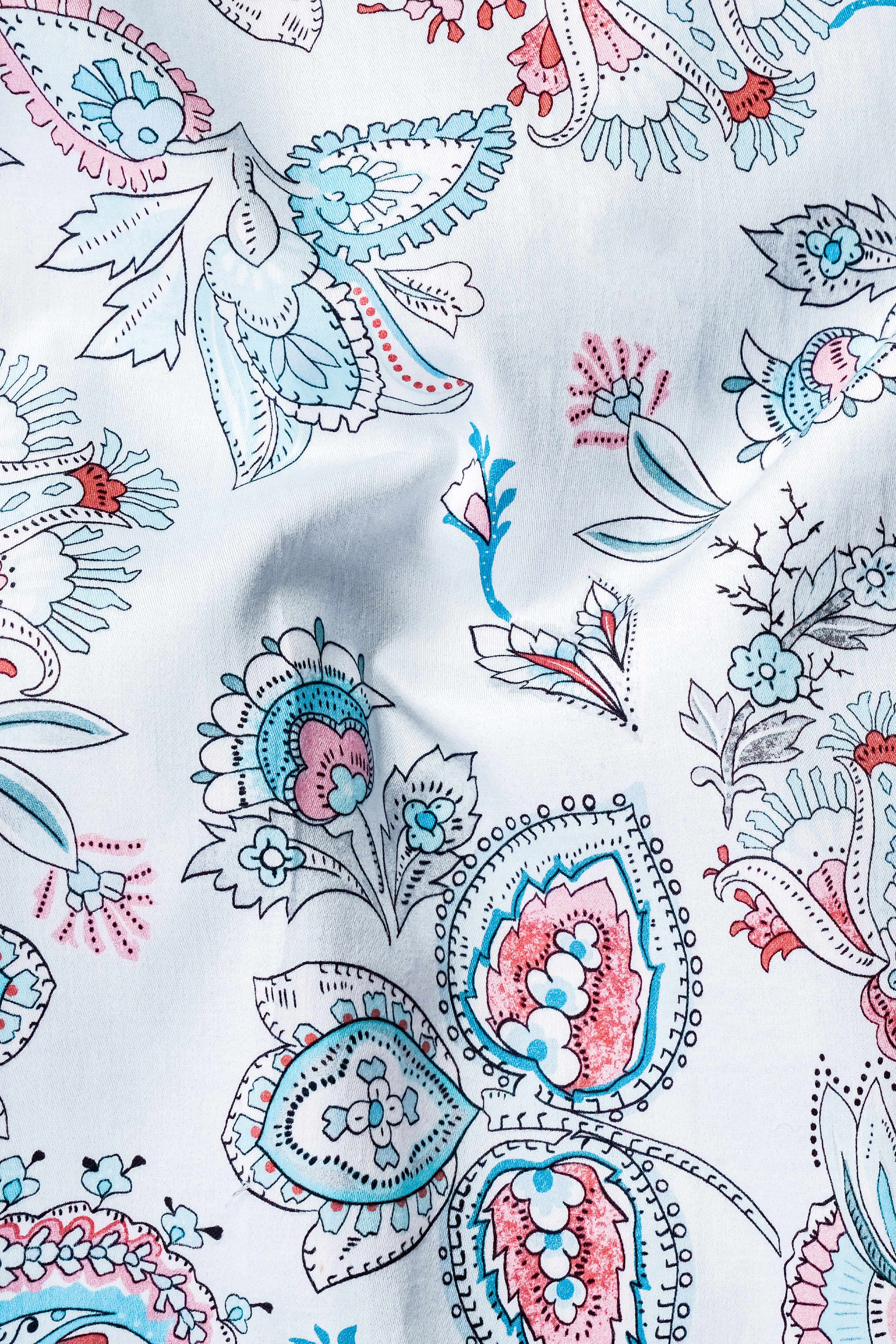 Bright White and Anakiwa Blue Leaves Printed Subtle Sheen Super Soft Premium Cotton Shirt