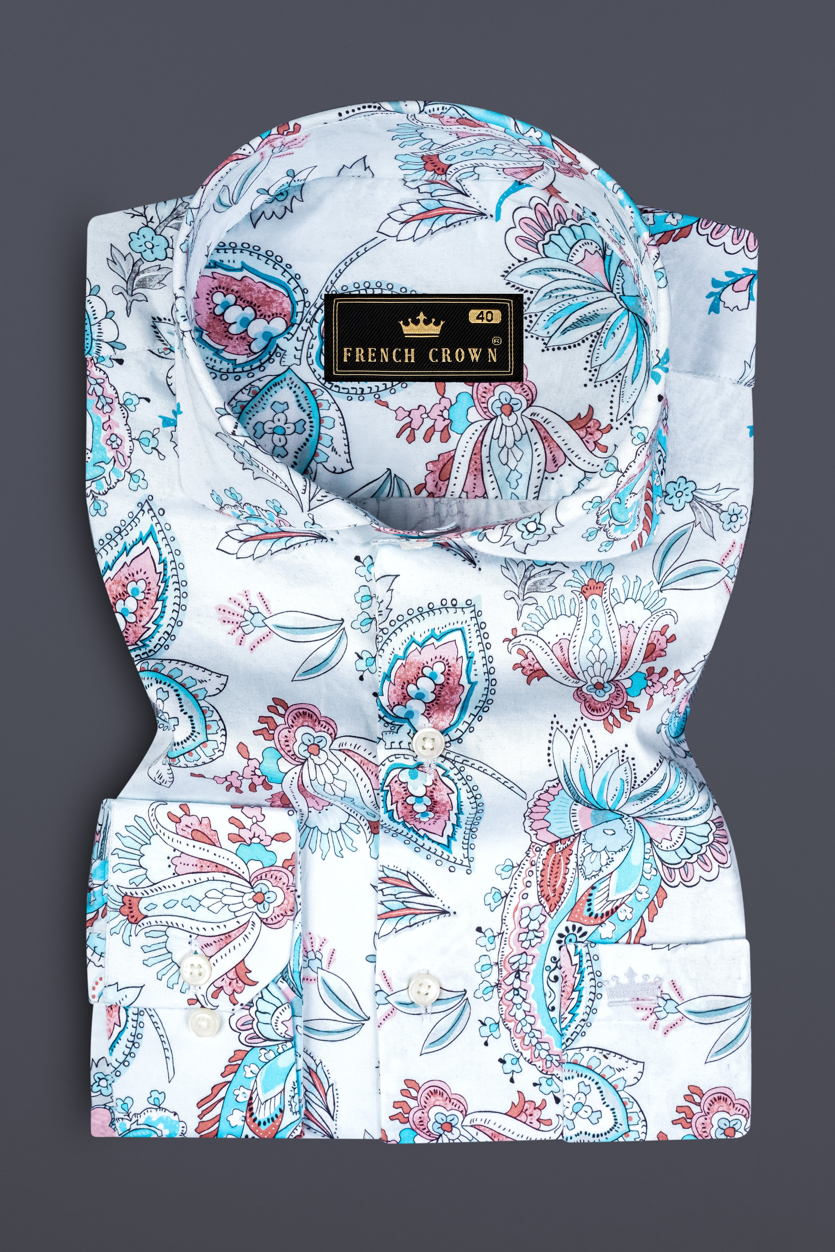 Bright White and Anakiwa Blue Leaves Printed Subtle Sheen Super Soft Premium Cotton Shirt