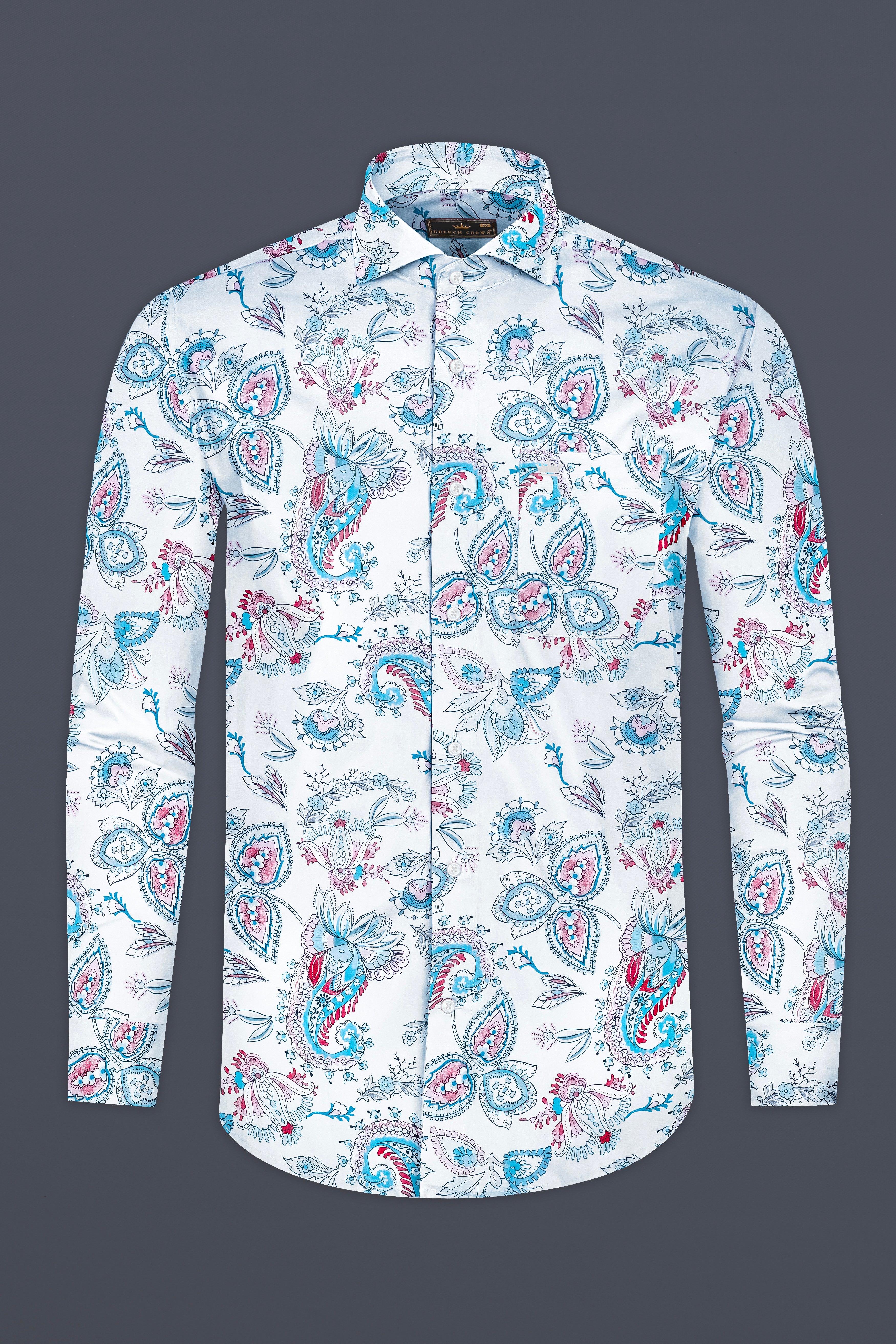 Bright White and Anakiwa Blue Leaves Printed Subtle Sheen Super Soft Premium Cotton Shirt