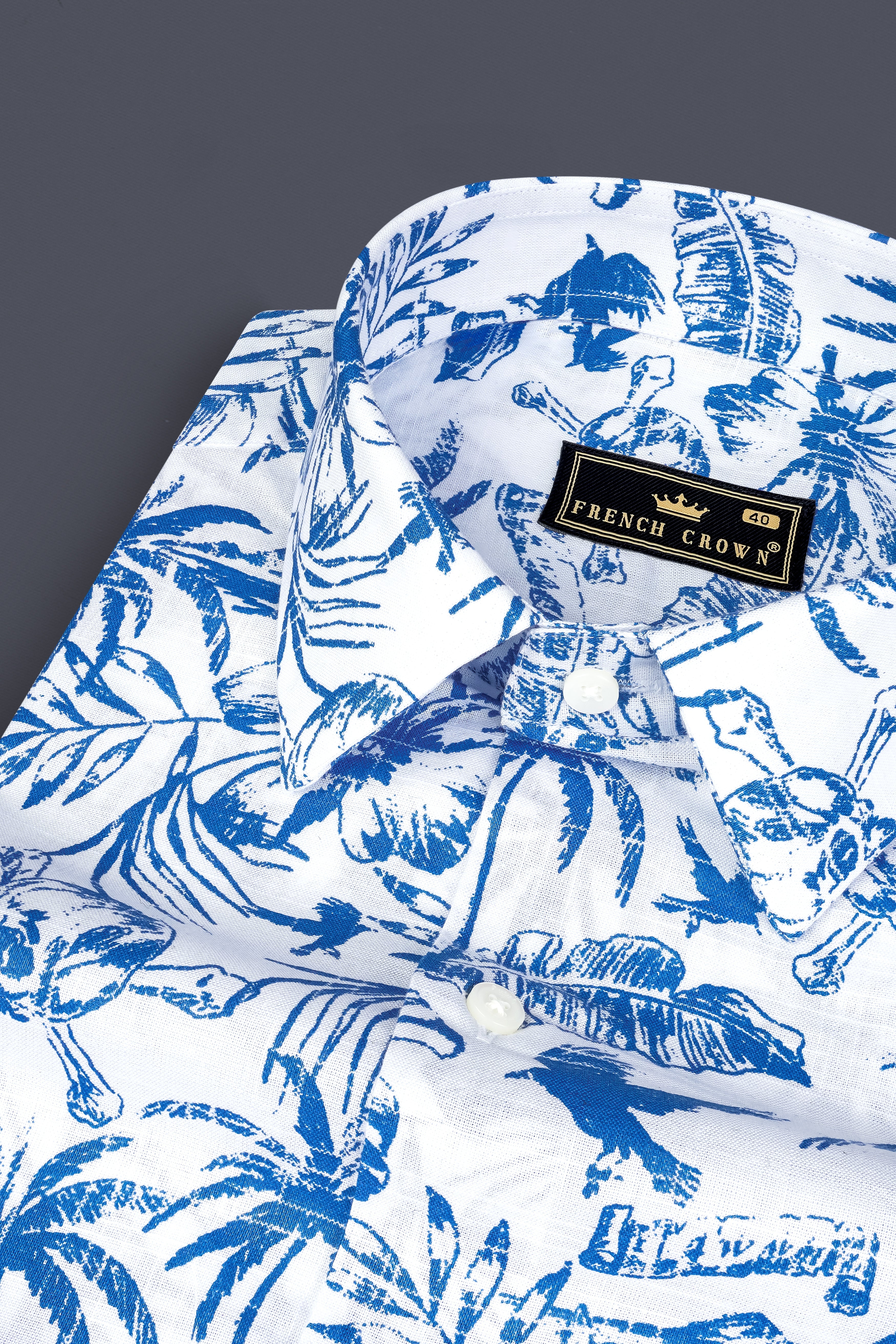 Cobalt Blue And Bright White Coconut Tree Printed Luxuries Linen Shirt