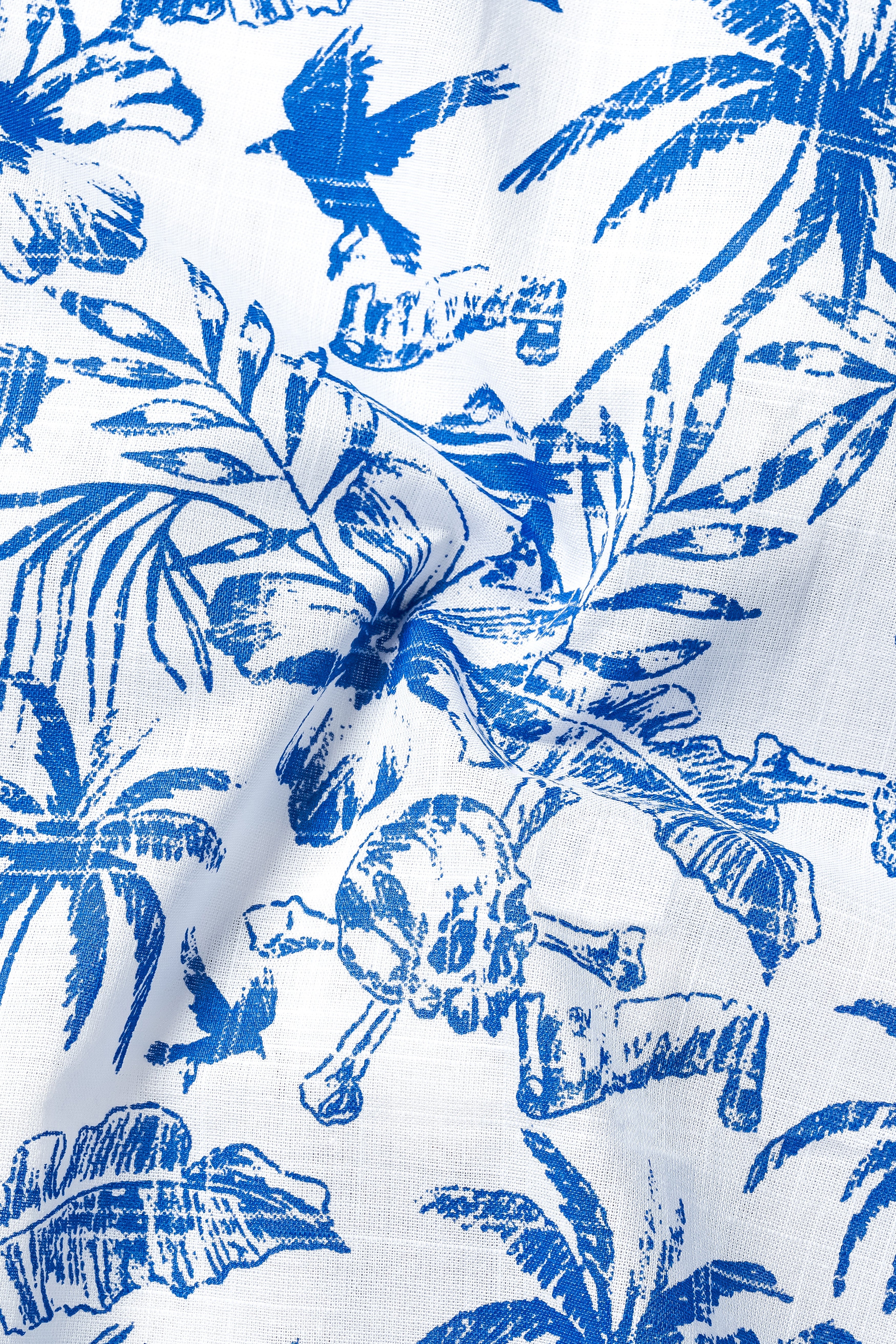 Cobalt Blue And Bright White Coconut Tree Printed Luxuries Linen Shirt