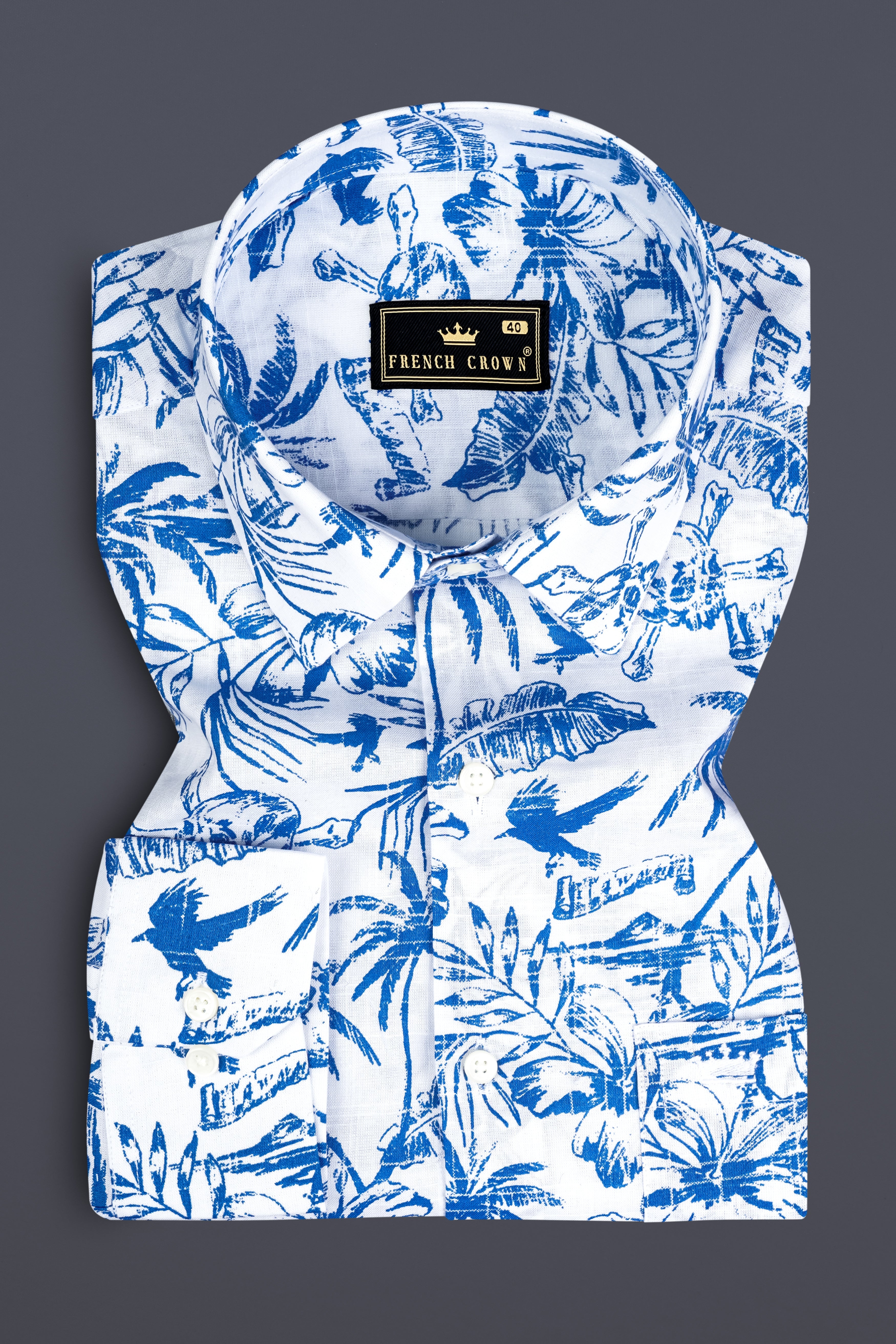 Cobalt Blue And Bright White Coconut Tree Printed Luxuries Linen Shirt