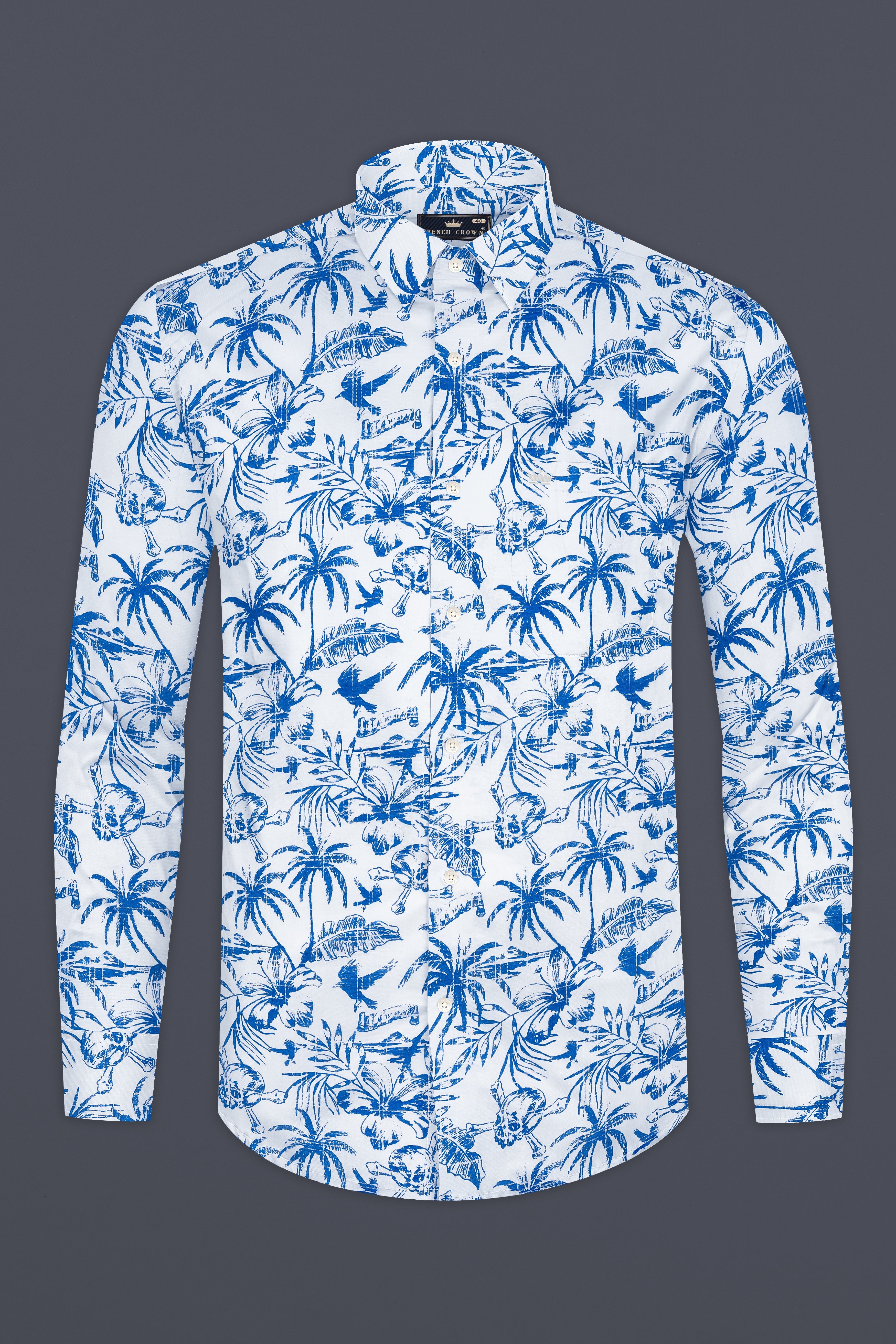 Cobalt Blue And Bright White Coconut Tree Printed Luxuries Linen Shirt