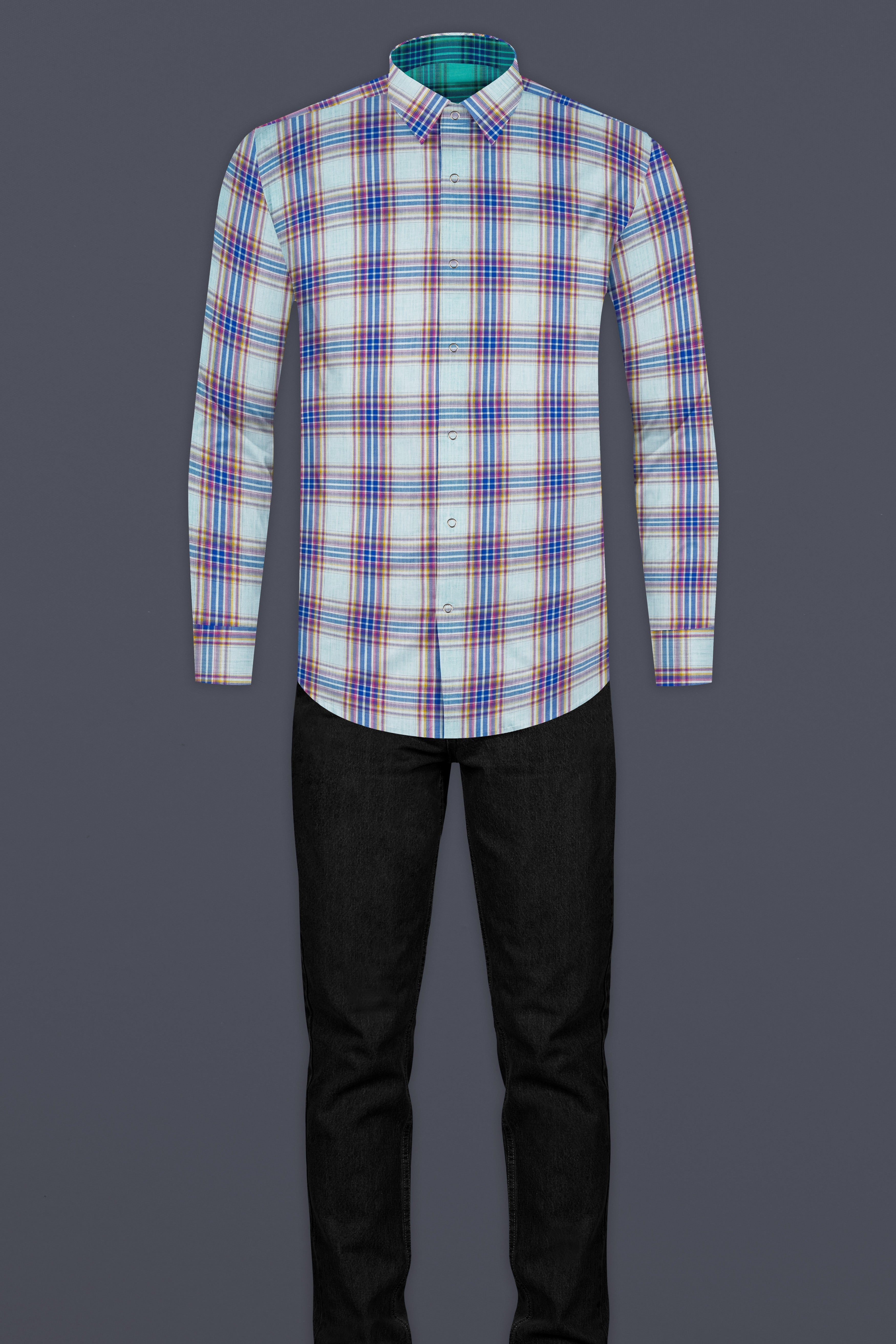 Geyser Gray Plaid And Ocean Green Plaid Herringbone Reversible Shirt