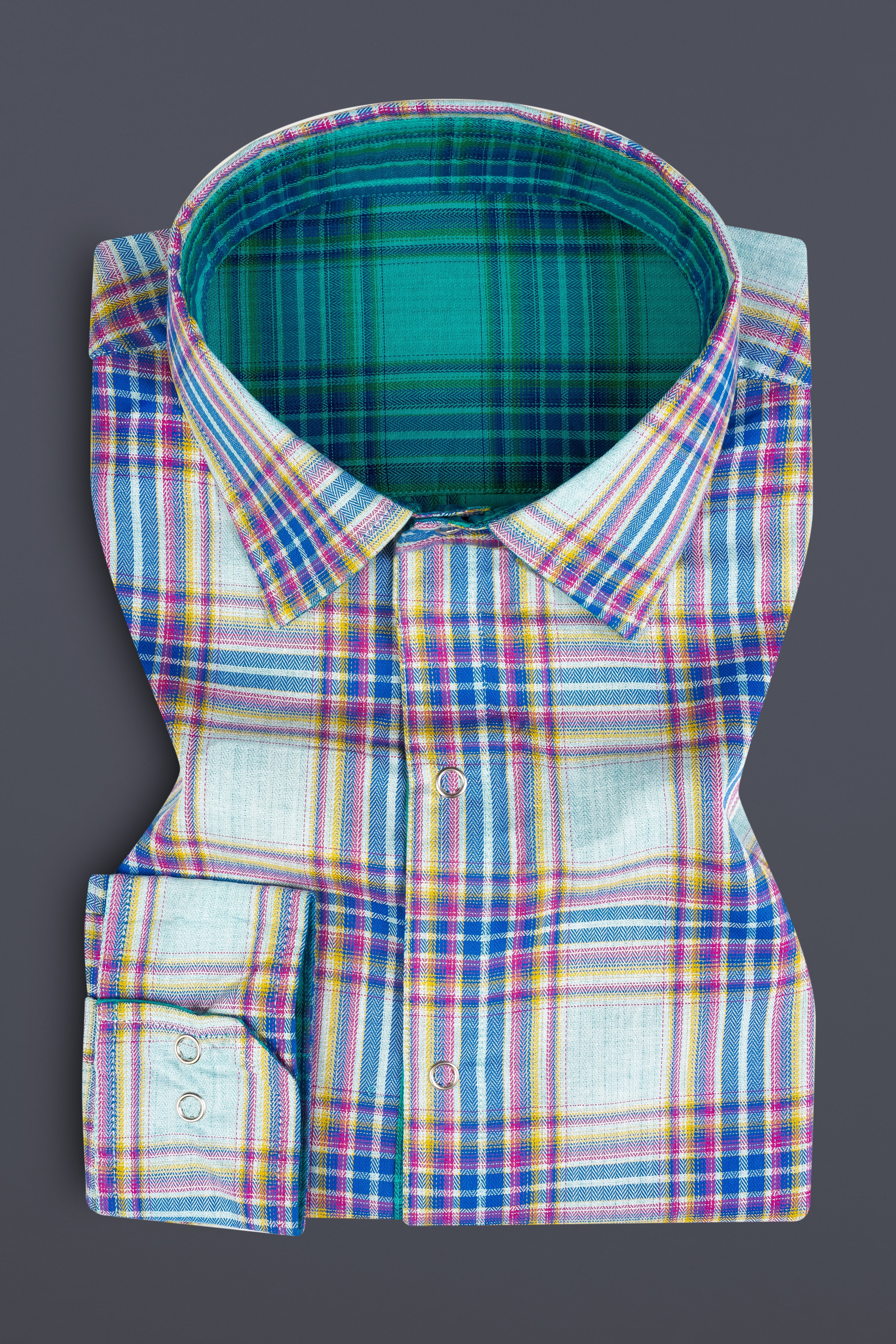 Geyser Gray Plaid And Ocean Green Plaid Herringbone Reversible Shirt