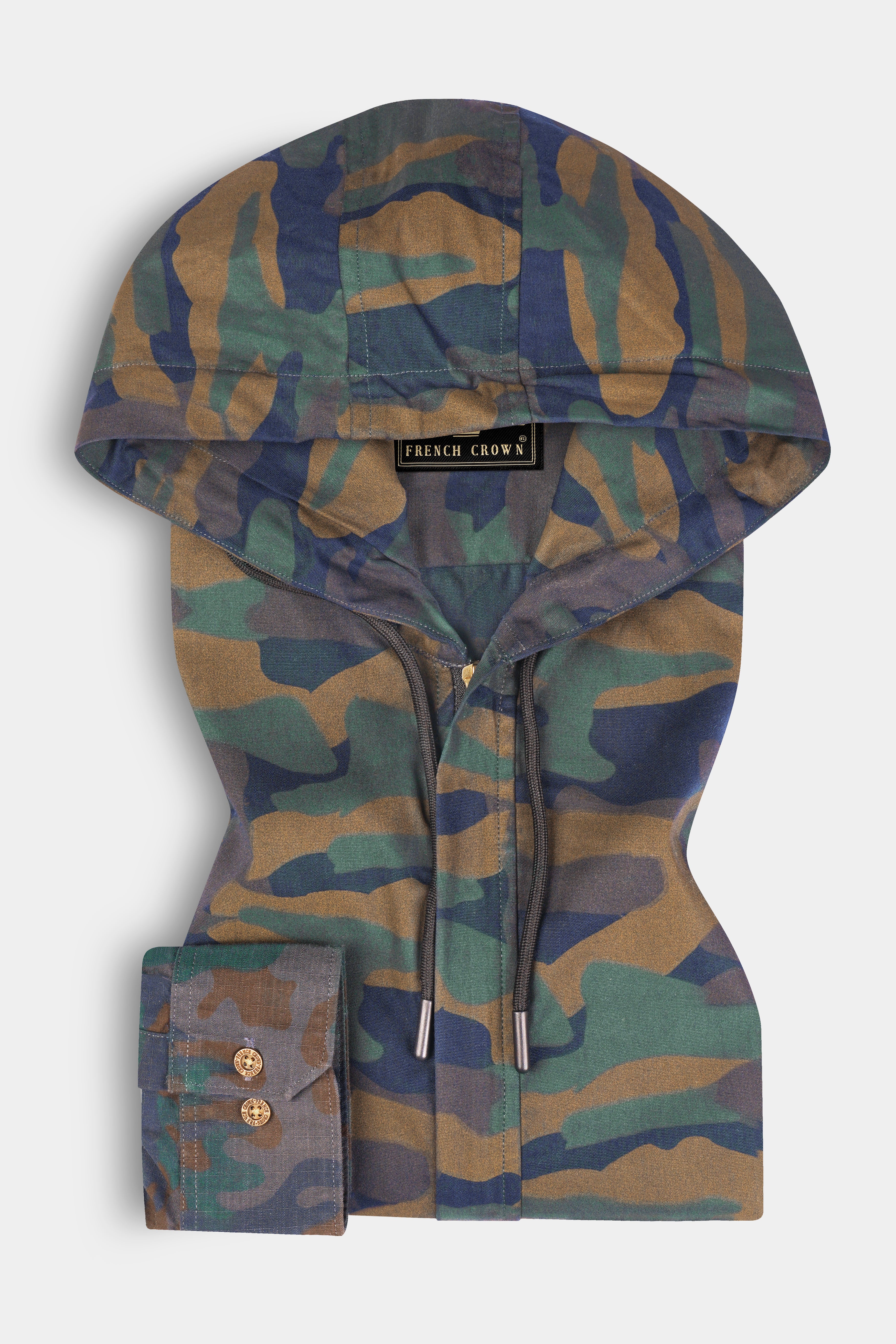 Roman Brown And River Blue Camouflage Military printed Heavyweight Designer Hoodie with Zipper Closure