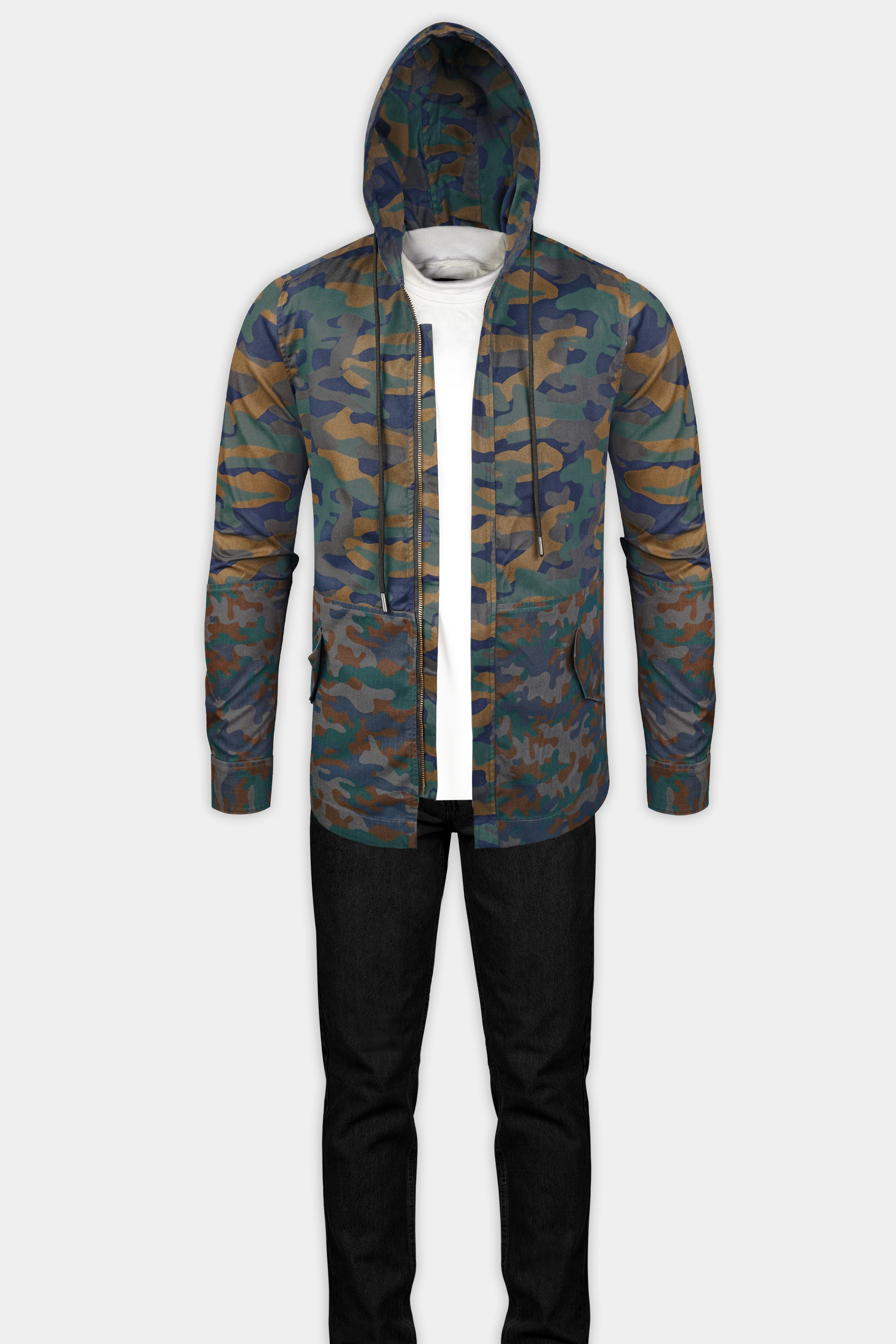 Roman Brown And River Blue Camouflage Military printed Heavyweight Designer Hoodie with Zipper Closure