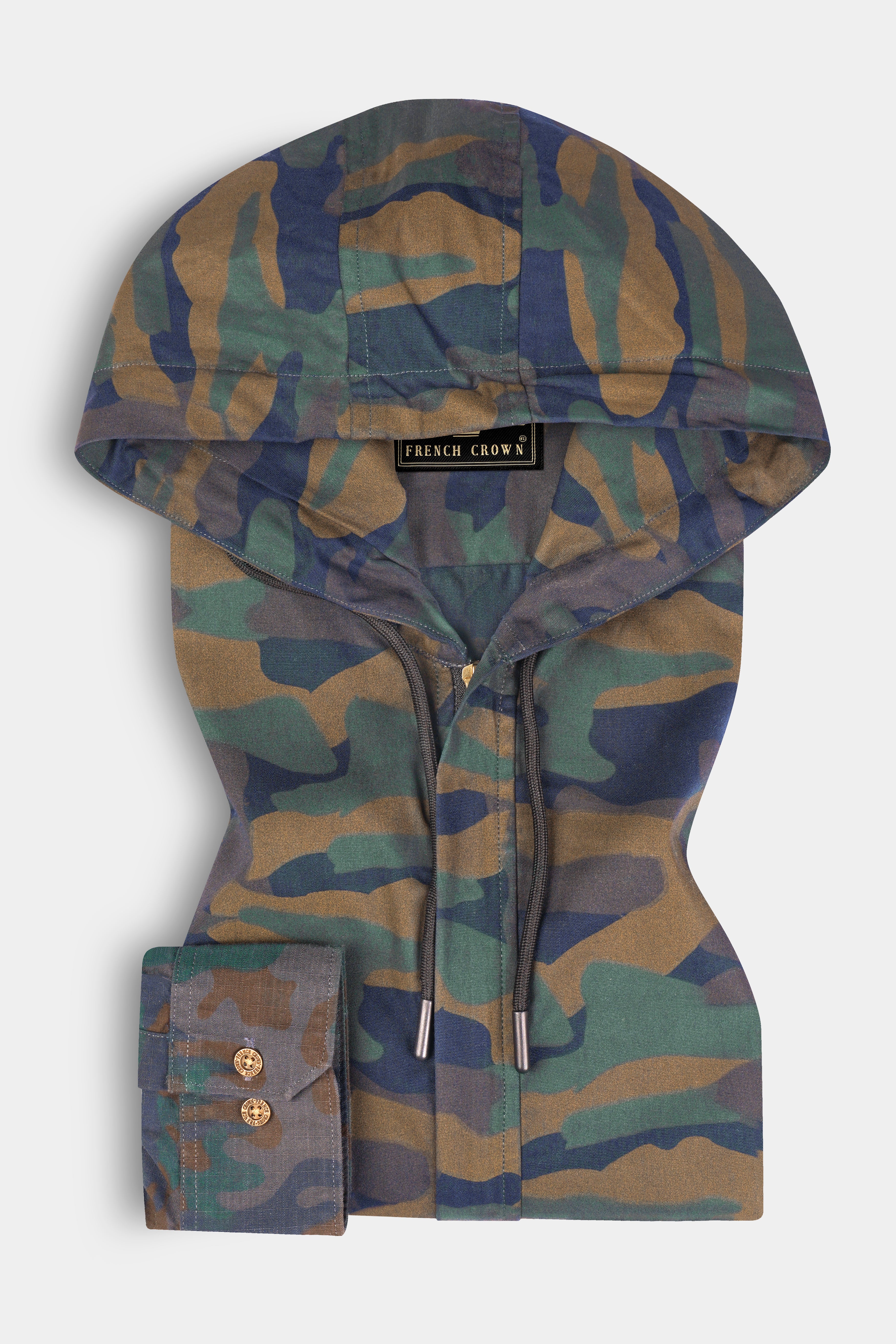 Roman Brown And River Blue Camouflage Military printed Heavyweight Designer Hoodie with Zipper Closure