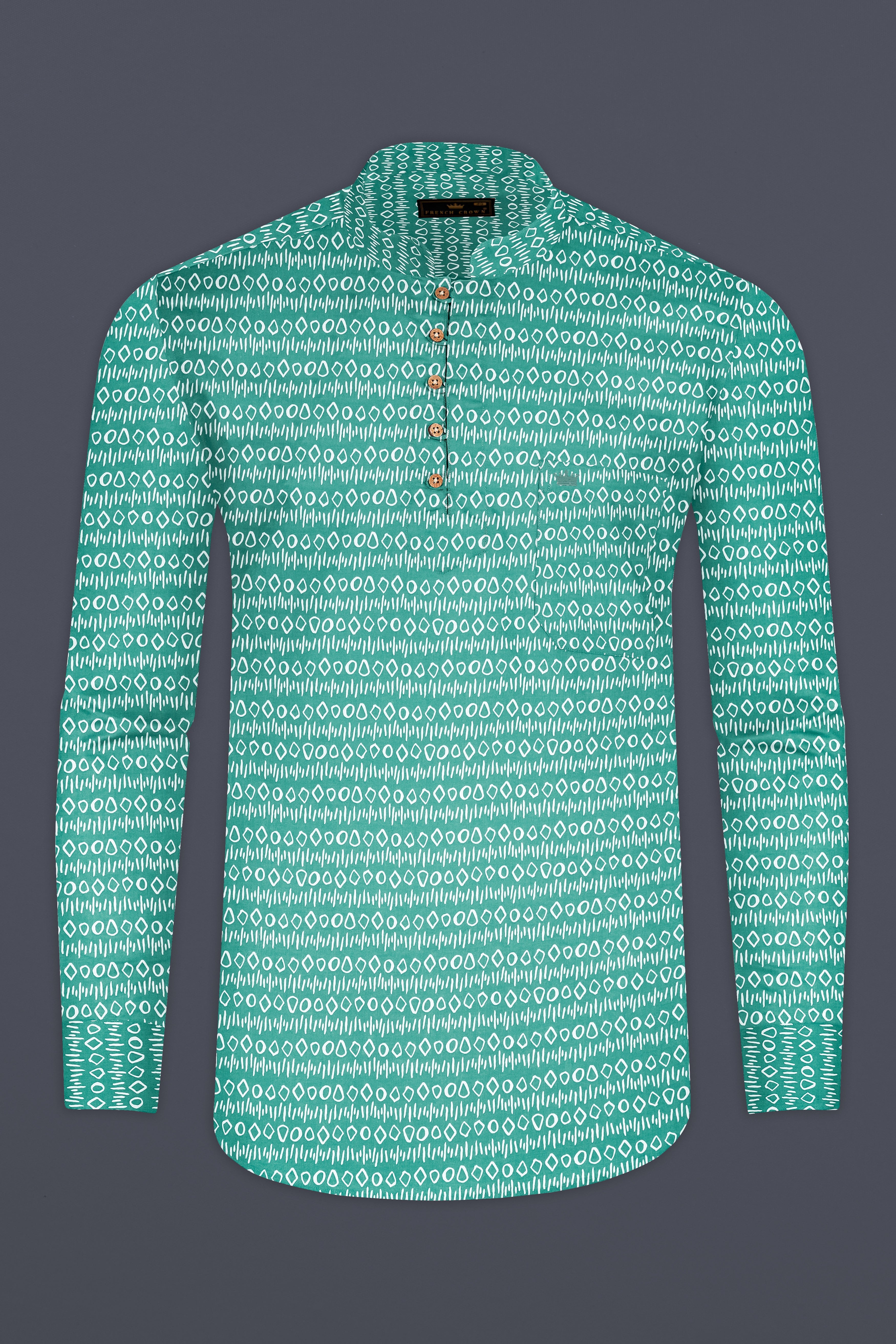 Viridian Green Printed Giza Cotton Kurta Shirt