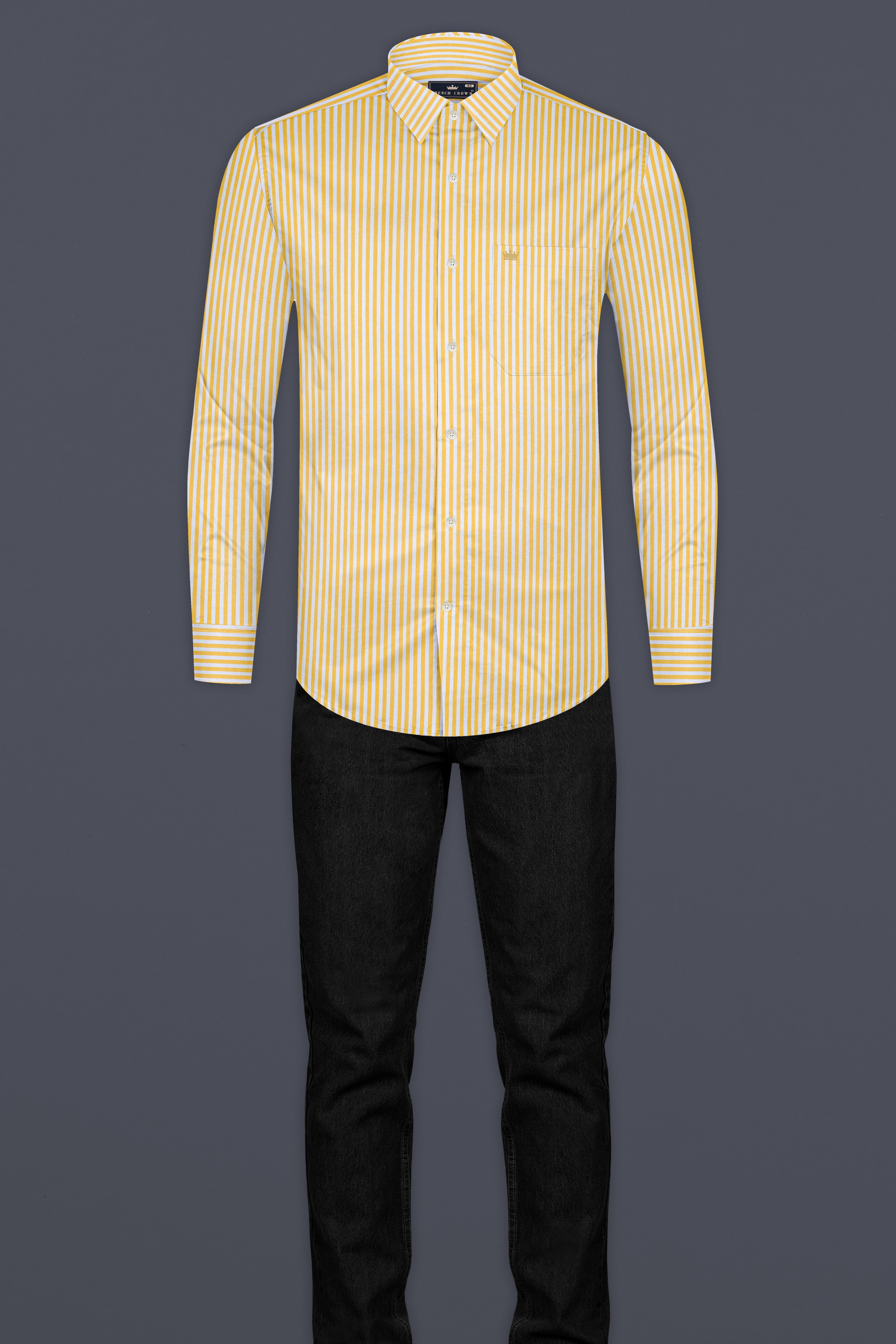 Harvest Yellow And Bright White Striped Premium Cotton Shirt