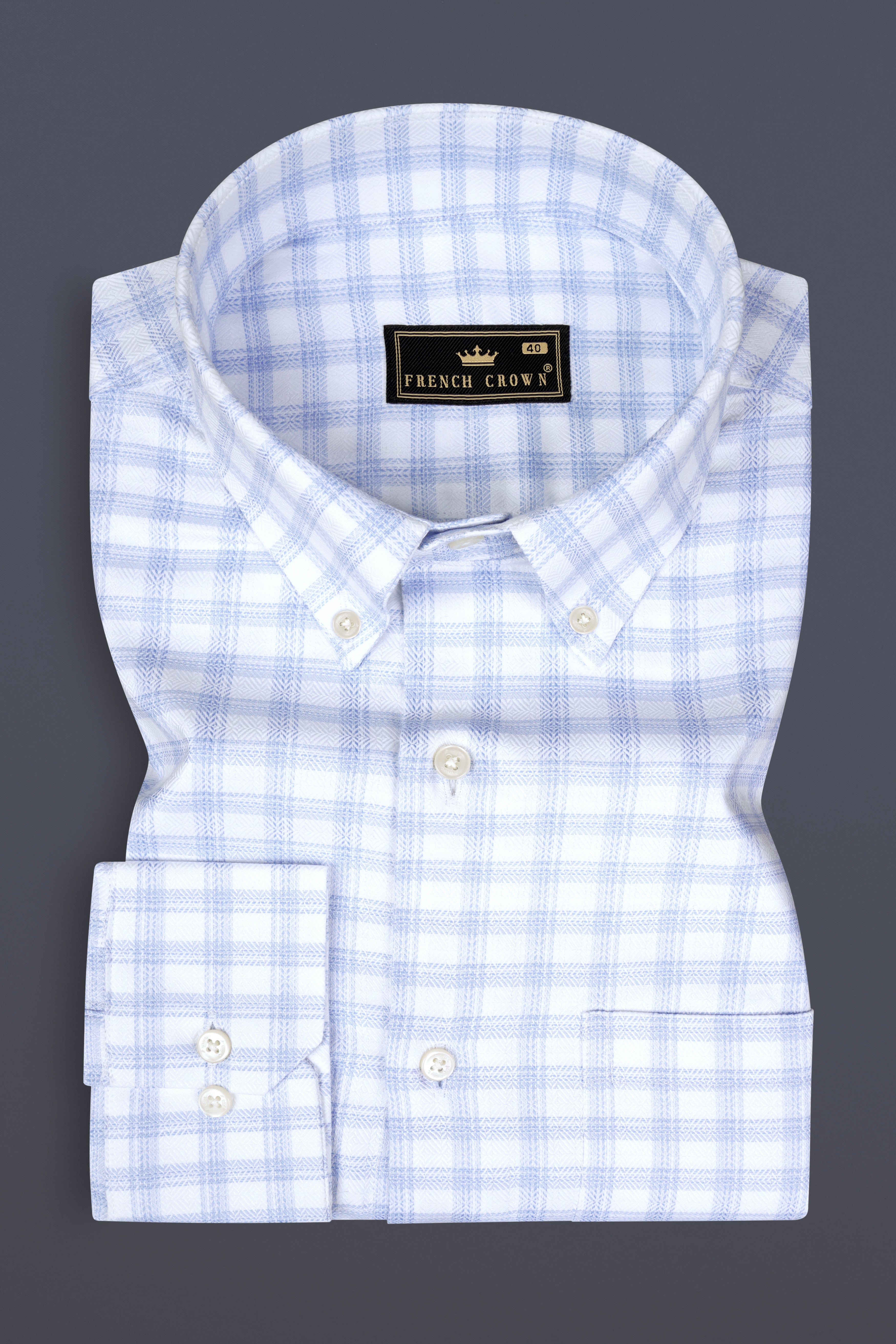 Periwinkle Blue And Bright White Checked Dobby Textured Premium Cotton Shirt