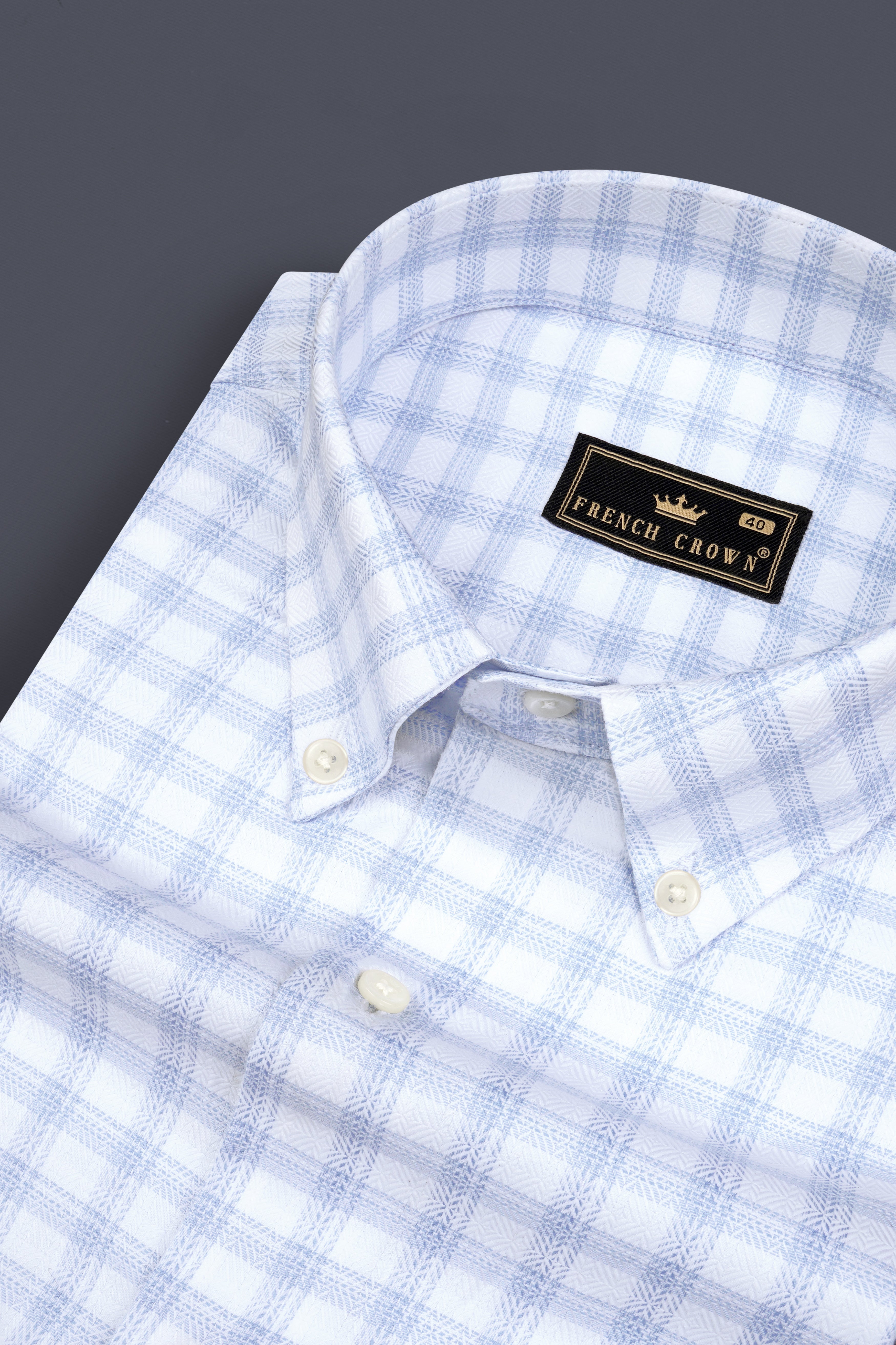 Periwinkle Blue And Bright White Checked Dobby Textured Premium Cotton Shirt