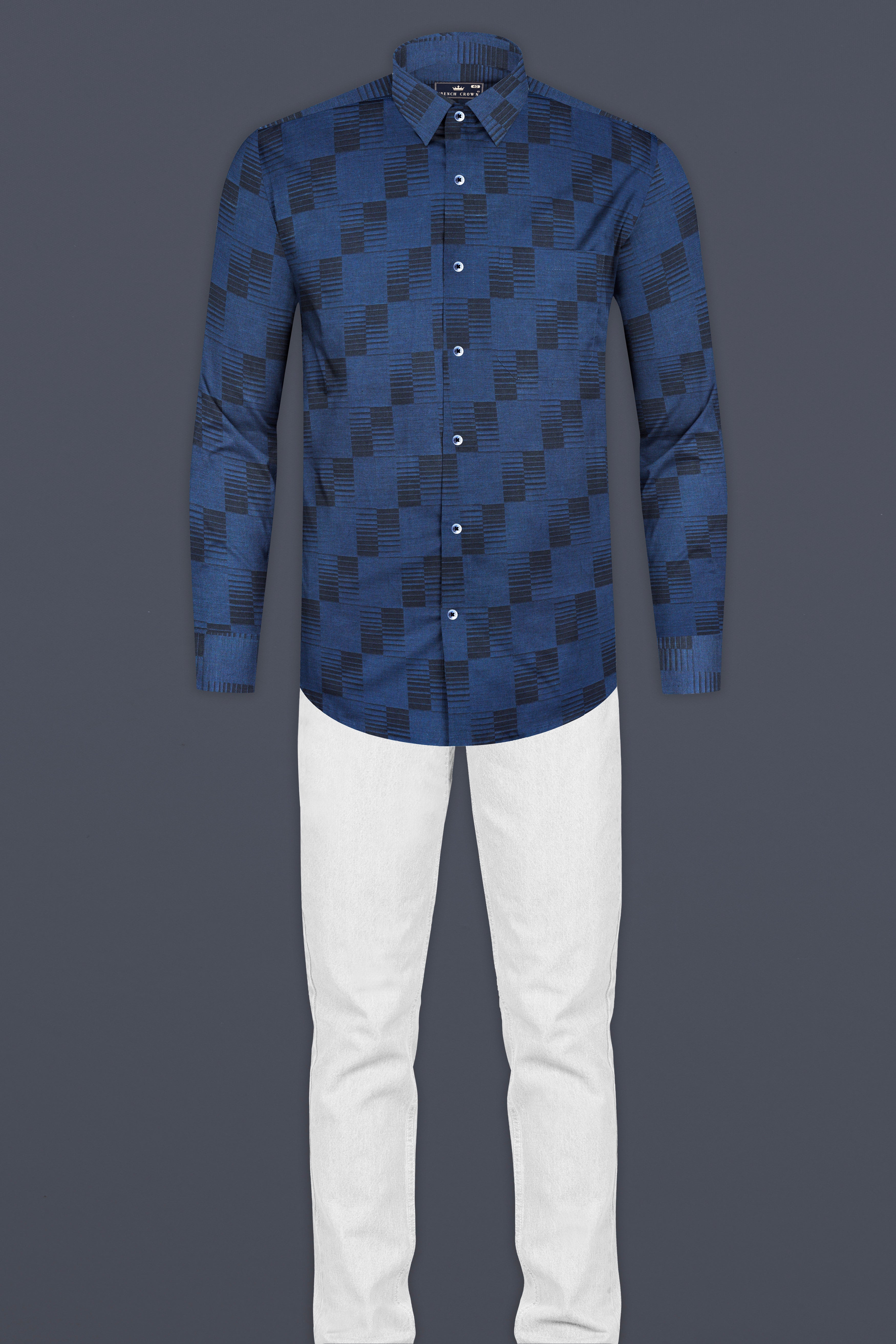 Fiord Blue Jacquard Textured Printed Premium Cotton Shirt