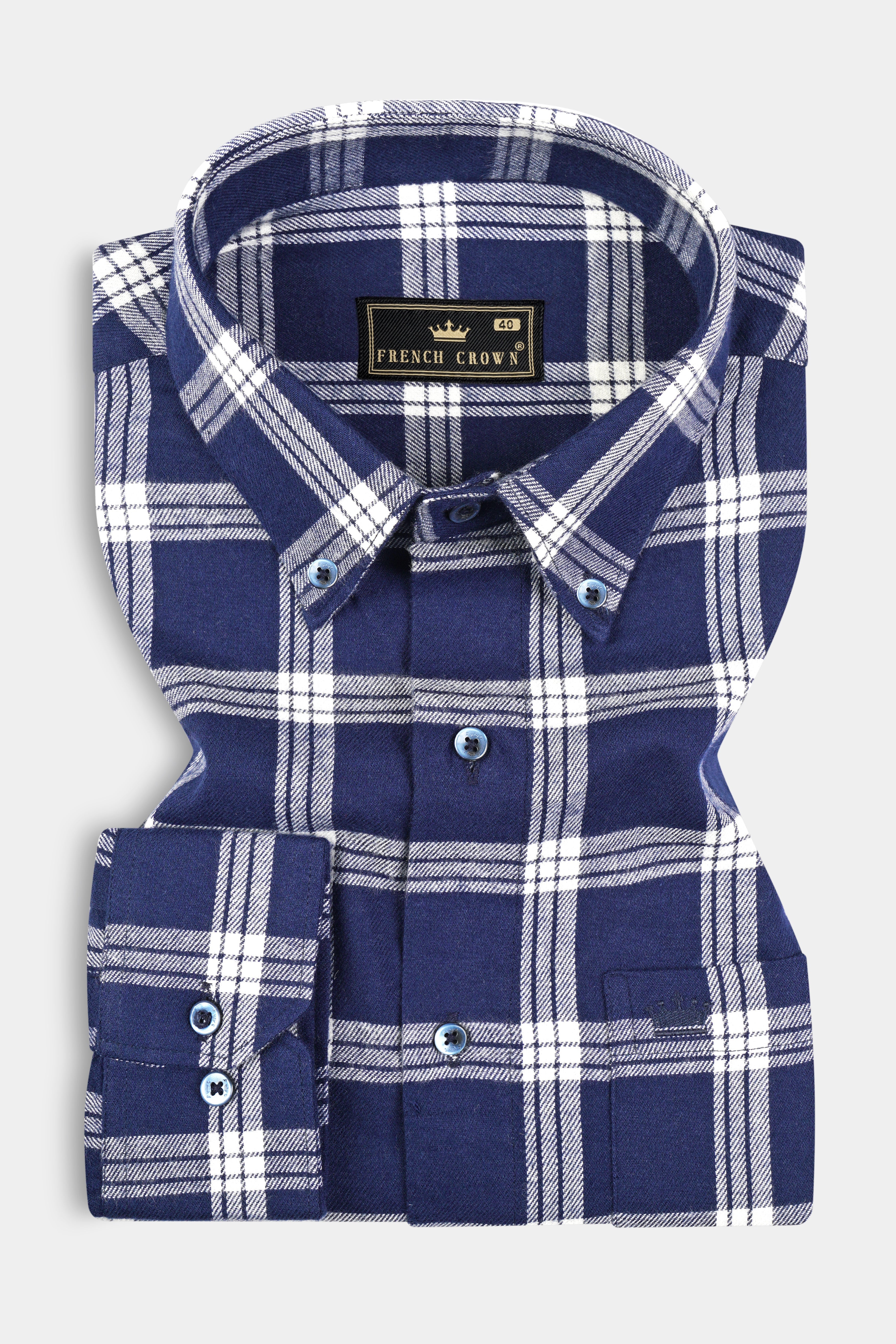 Blue Casual Checks Plaid Premium Cotton Button Down Shirt For Men