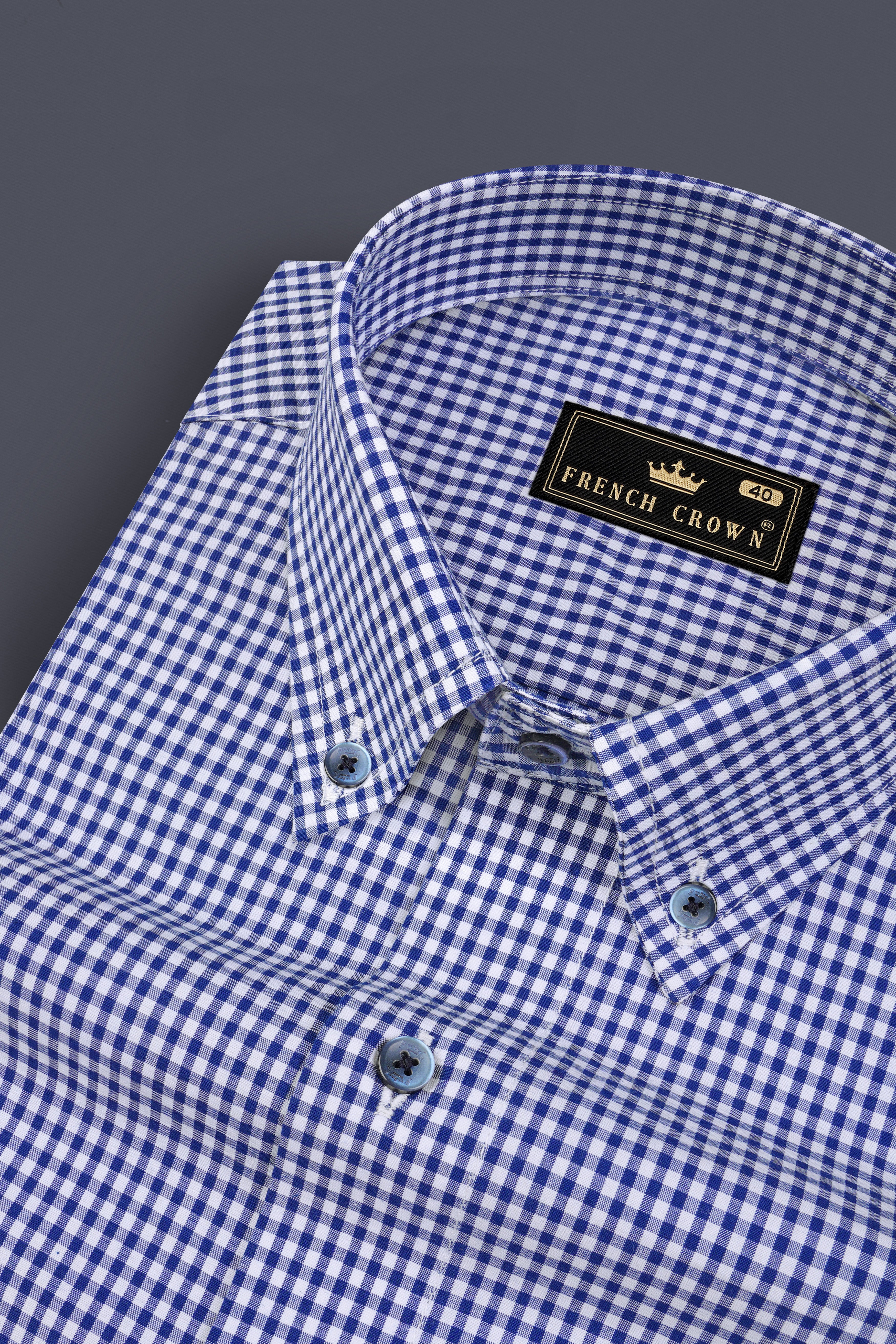 Violent Blue And Bright White Micro Checkered Poplin Giza Cotton Shirt