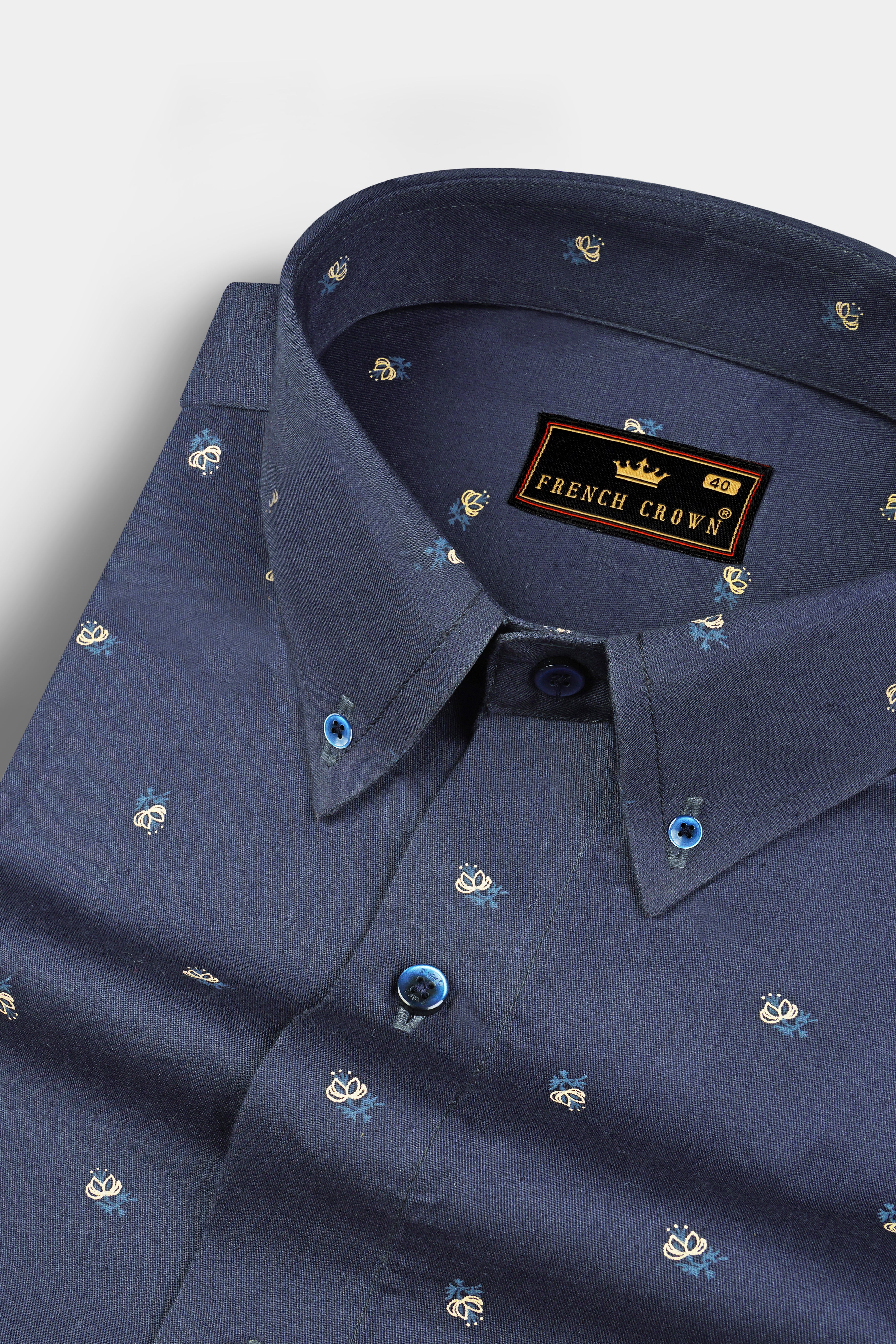 Fiord Blue Twill Printed Cotton Shirt