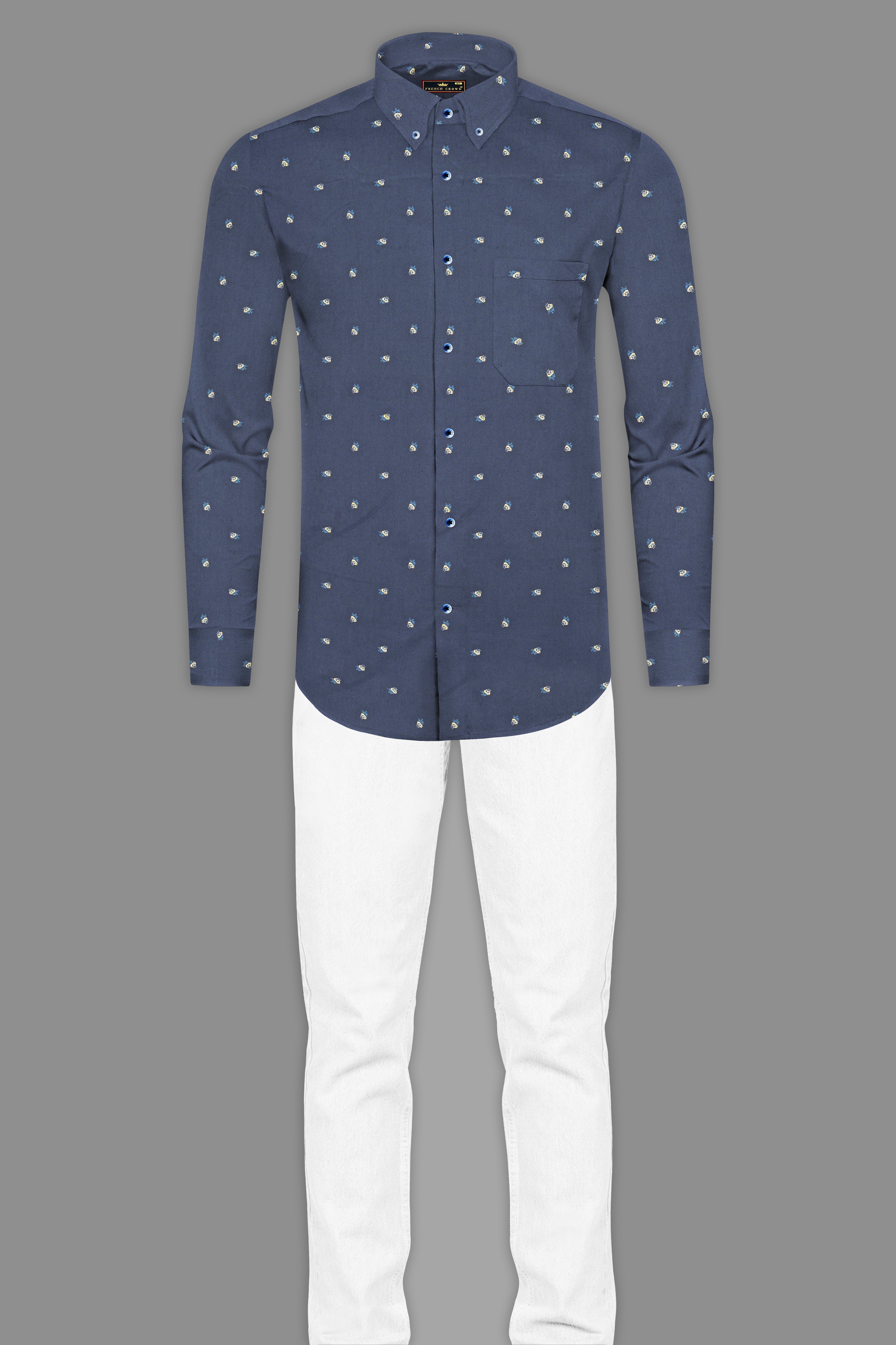 Fiord Blue Twill Printed Cotton Shirt