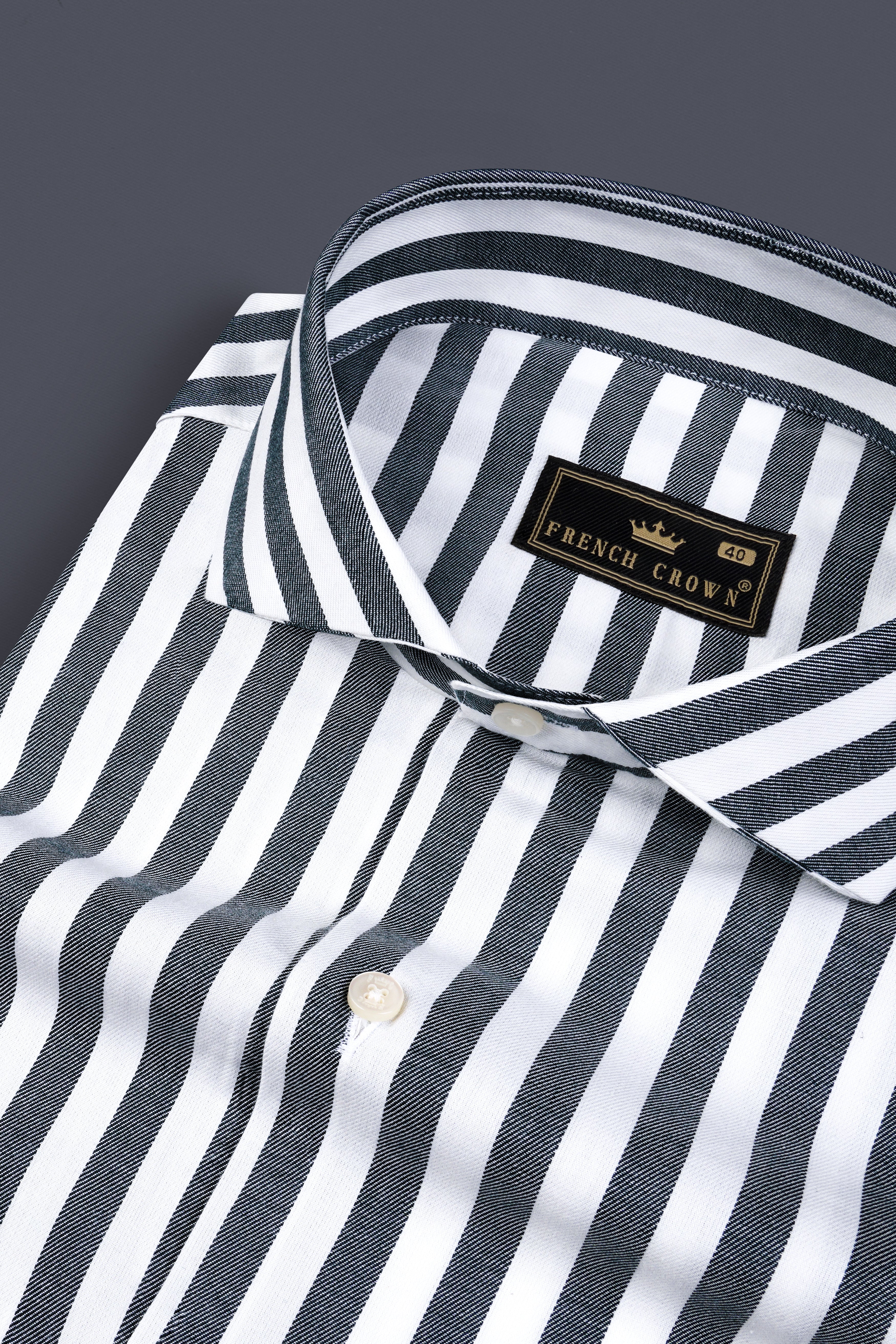 Iridium Gray And Bright White Twill Striped Cotton Shirt