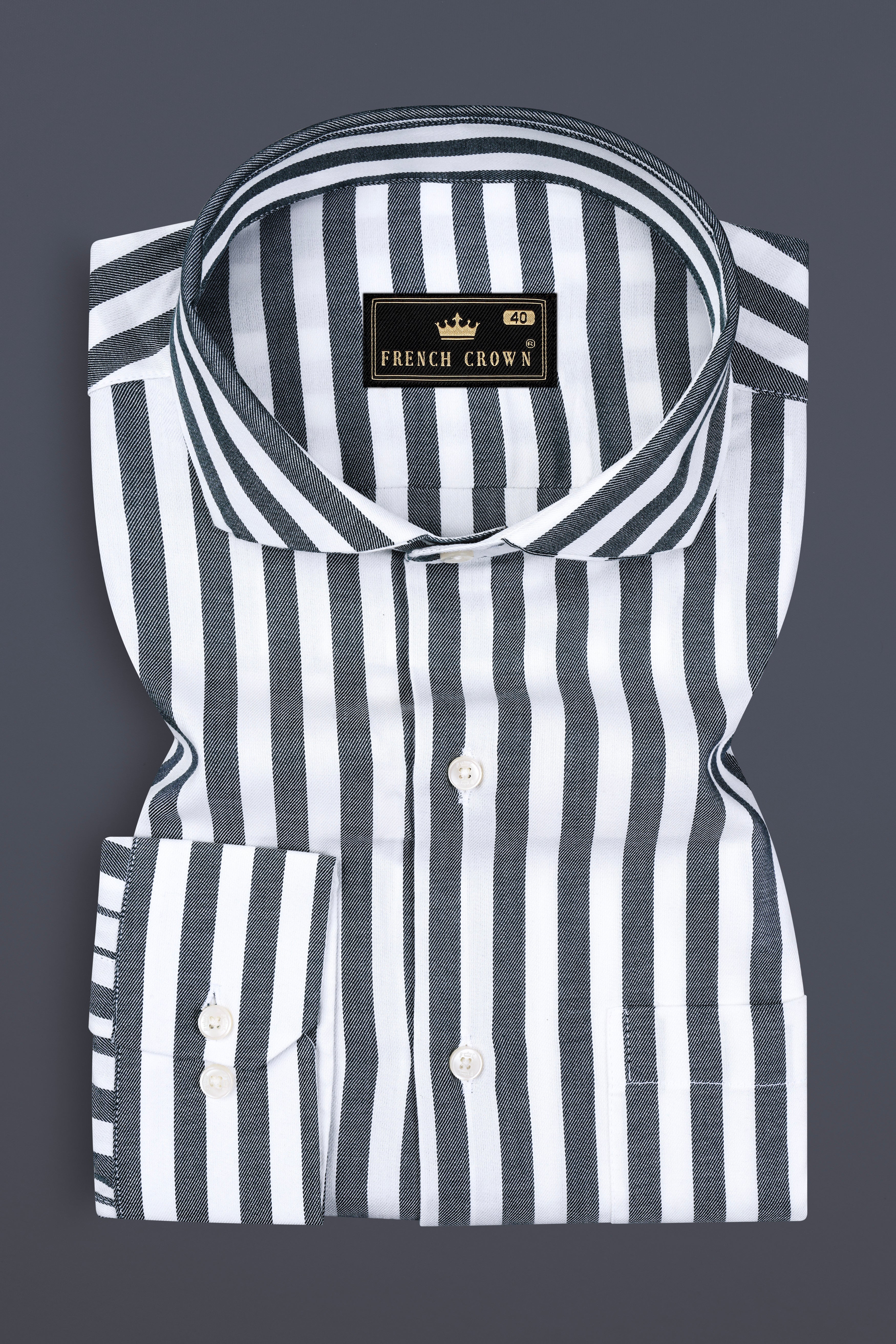 Iridium Gray And Bright White Twill Striped Cotton Shirt