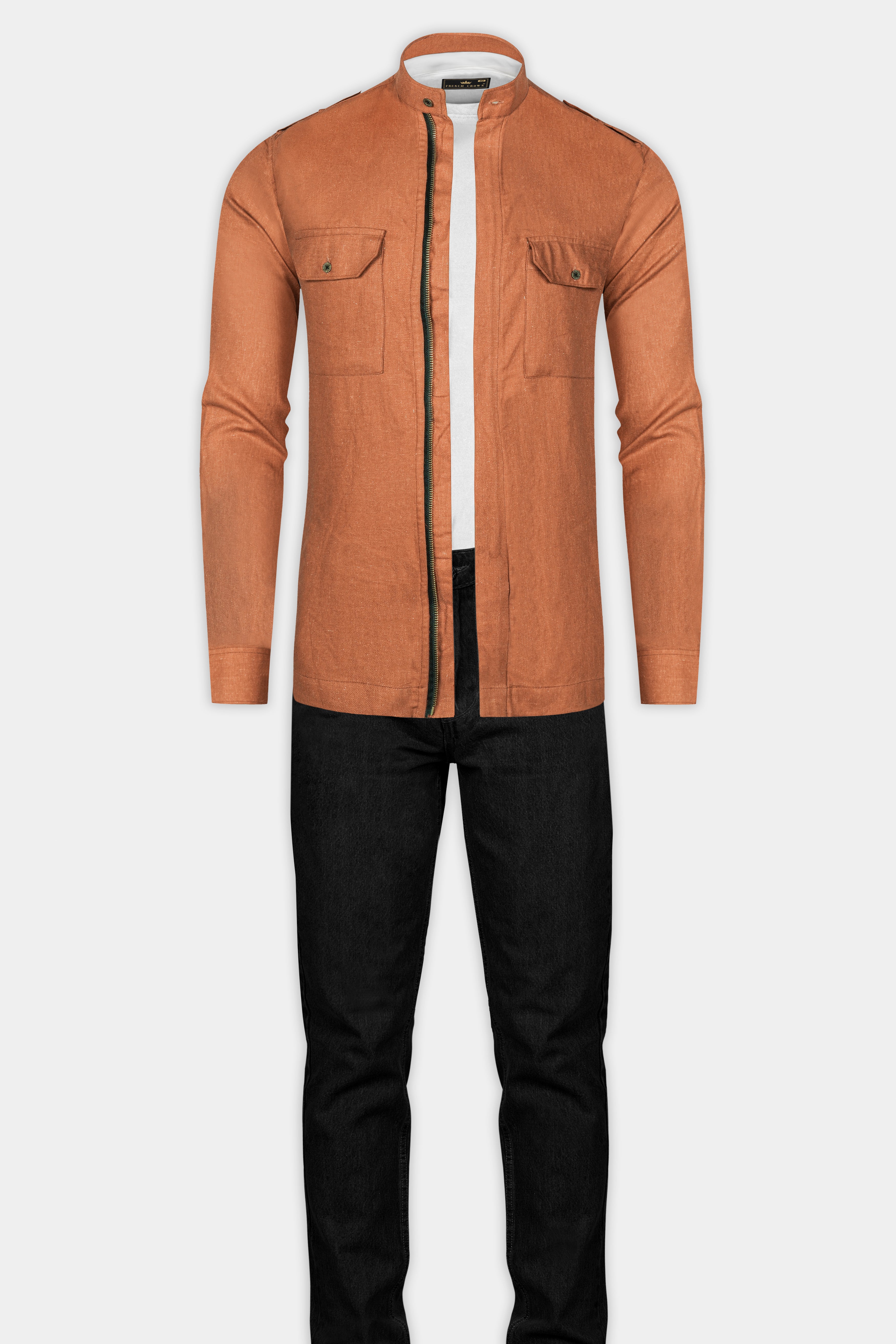 Sienna Orange Solid Textured Premium Luxuries Linen Designer Overshirt/Shacket