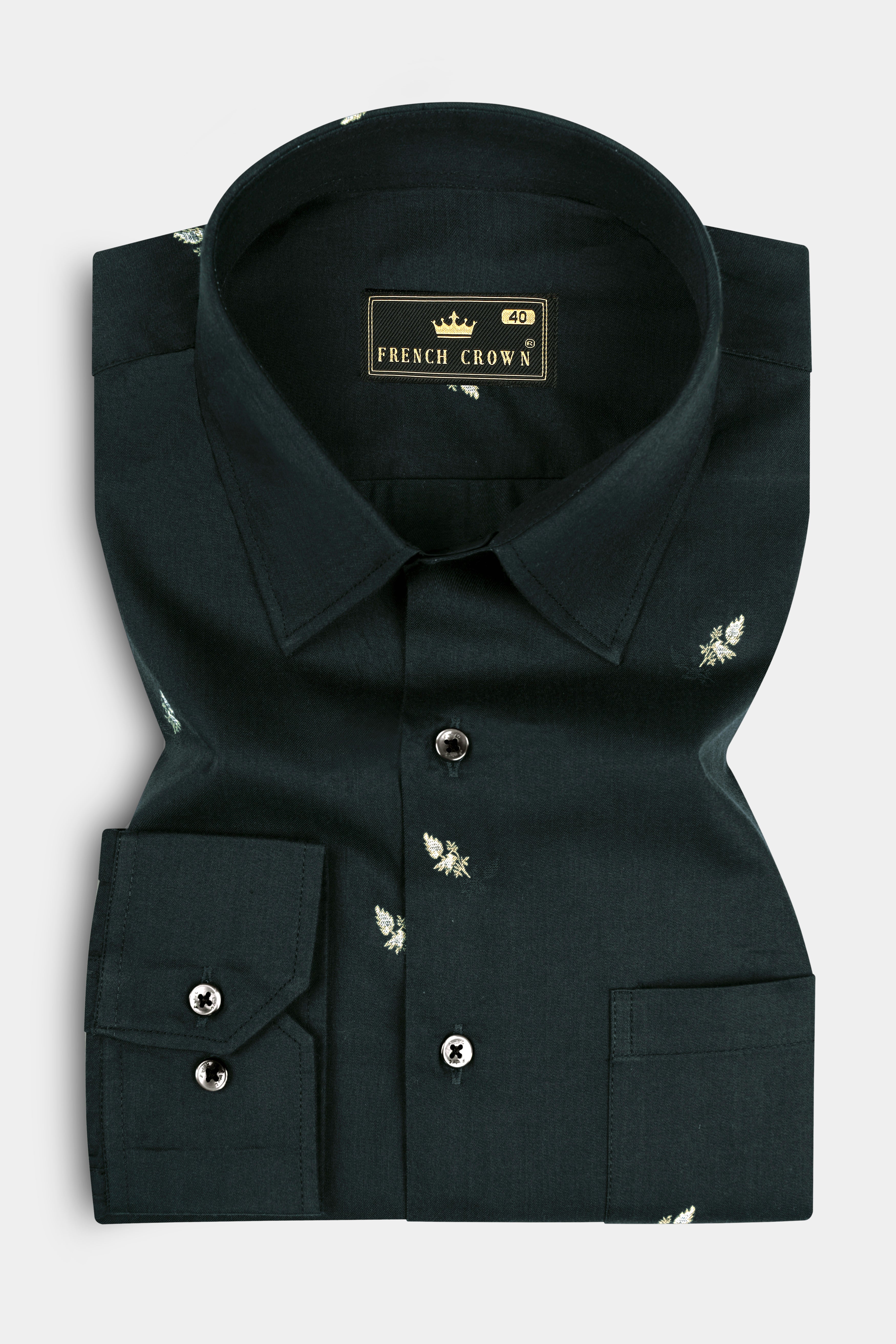 Charade Dark Green Jacquard Buta Textured Premium Cotton Shirt