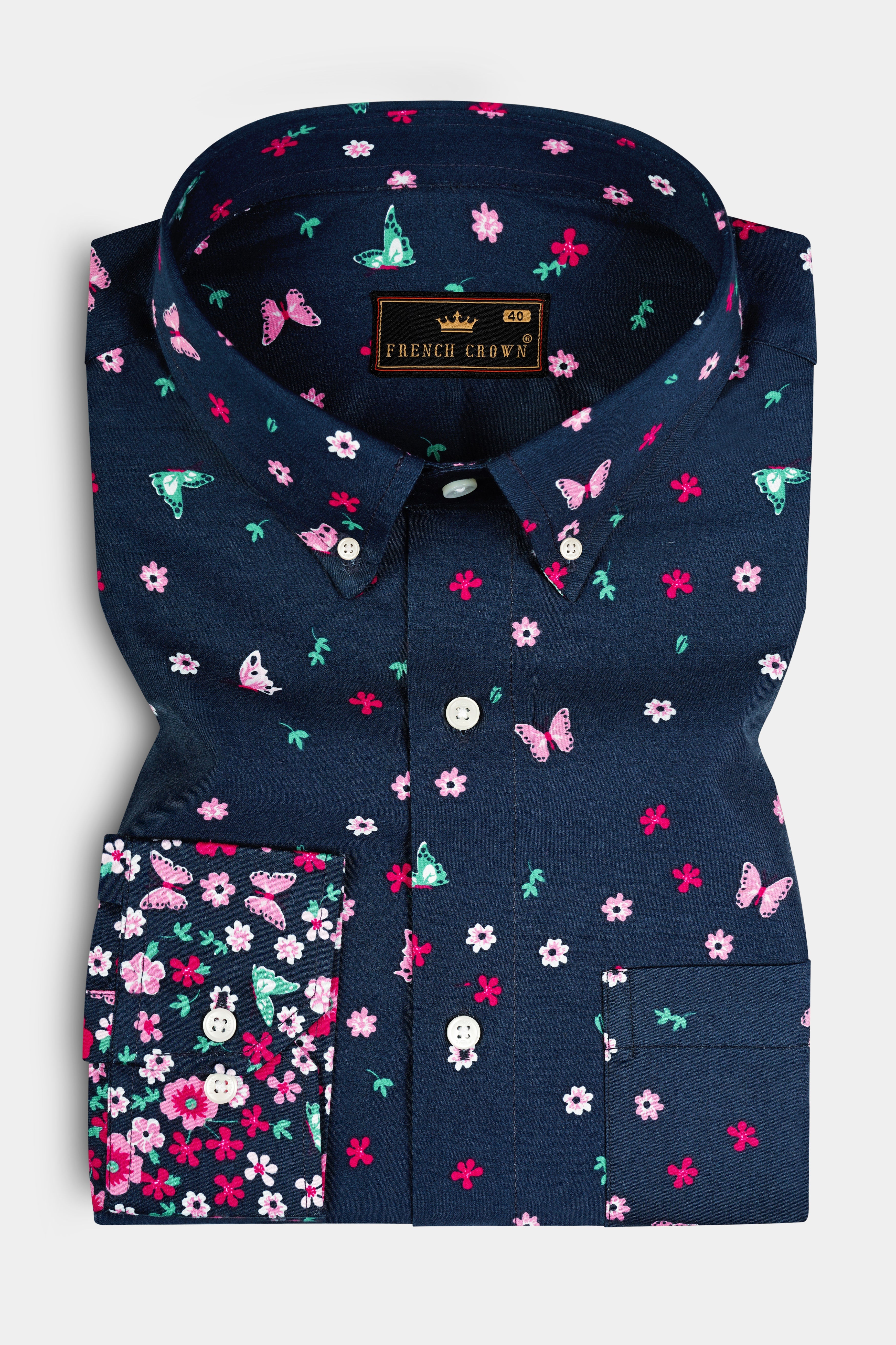 Firefly Blue Flower Butterfly Printed Giza Cotton Shirt