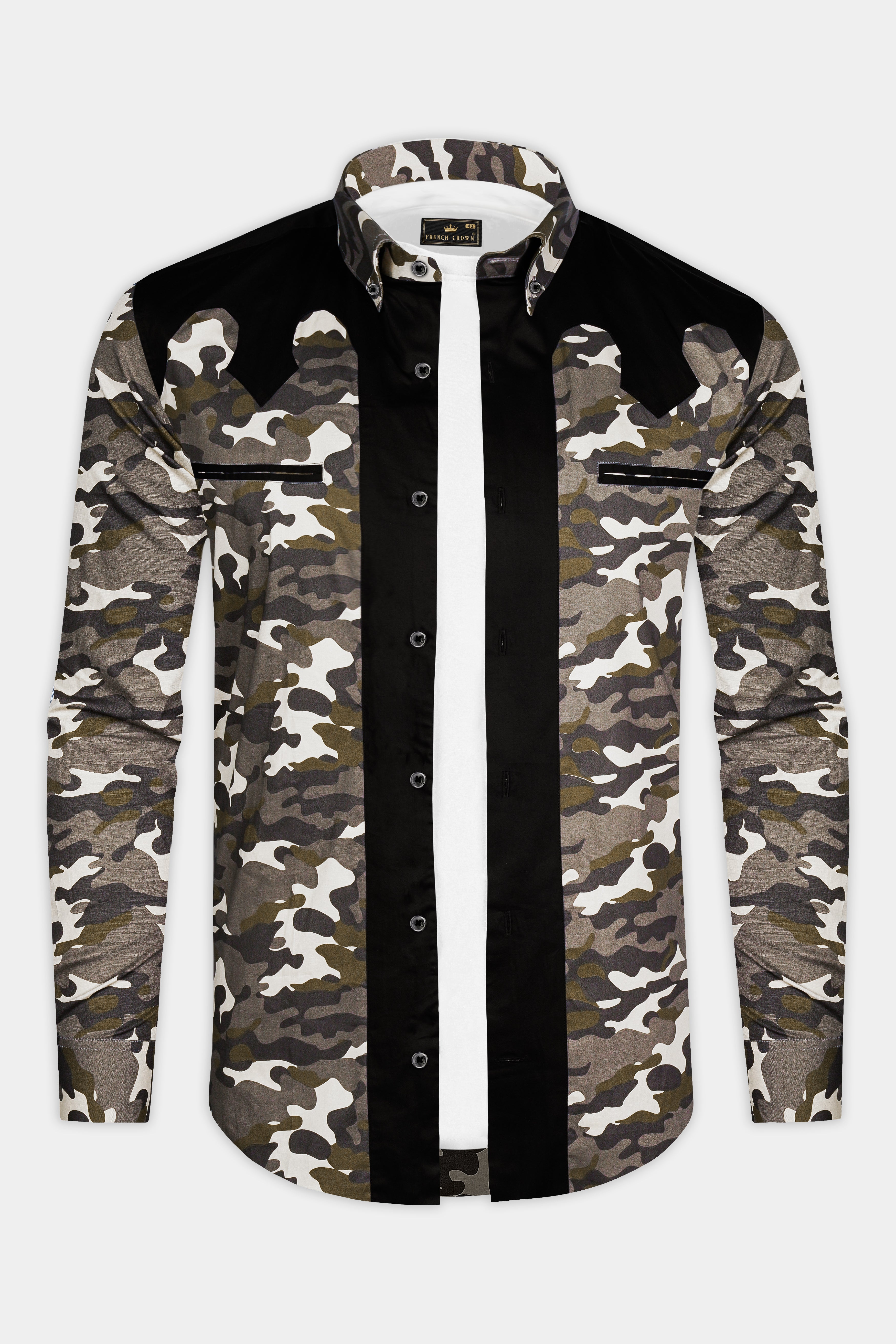 Wenge Brown And Jade Black Camouflage Printed Royal Oxford Designer Overshirt/Shacket