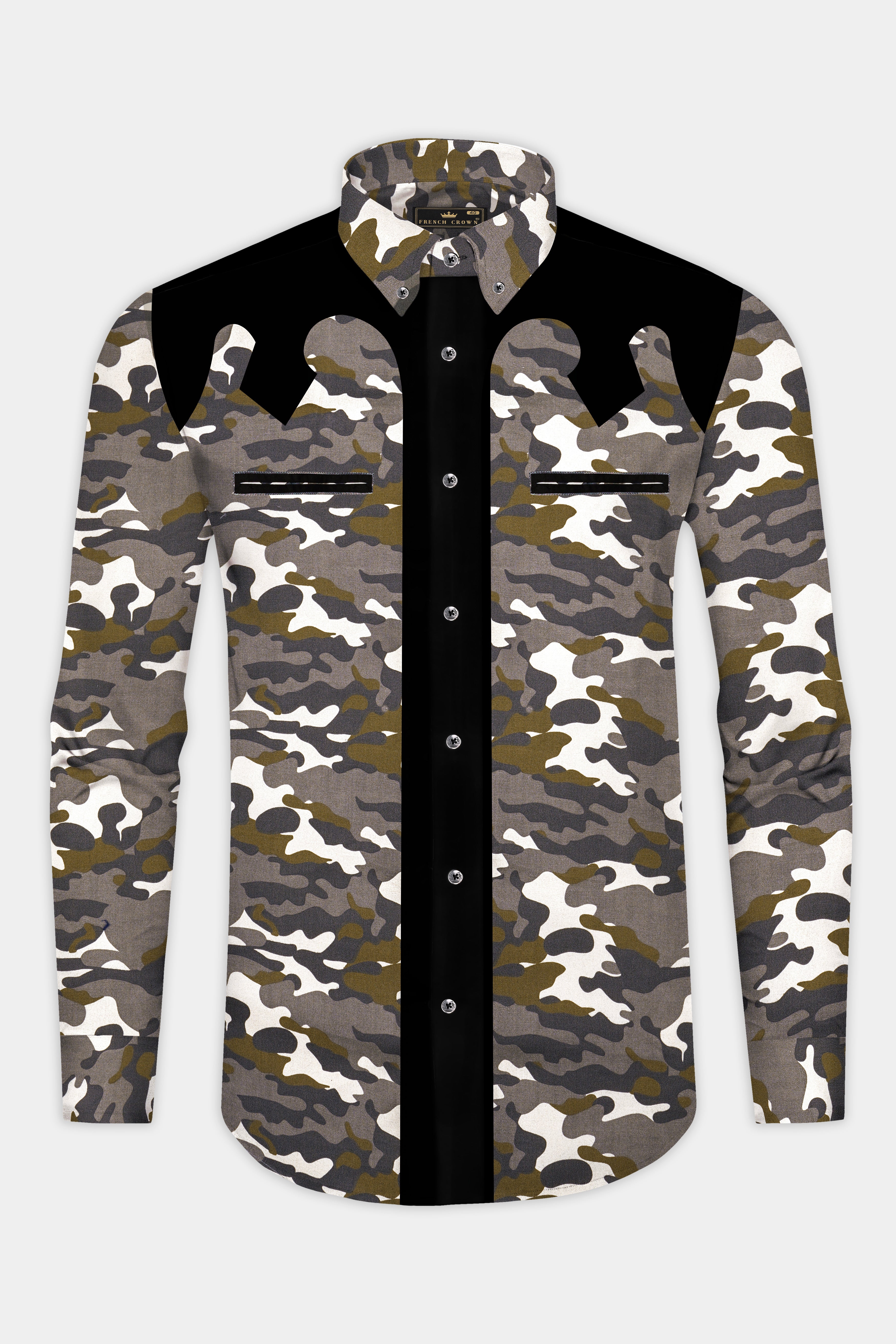 Wenge Brown And Jade Black Camouflage Printed Royal Oxford Designer Overshirt/Shacket