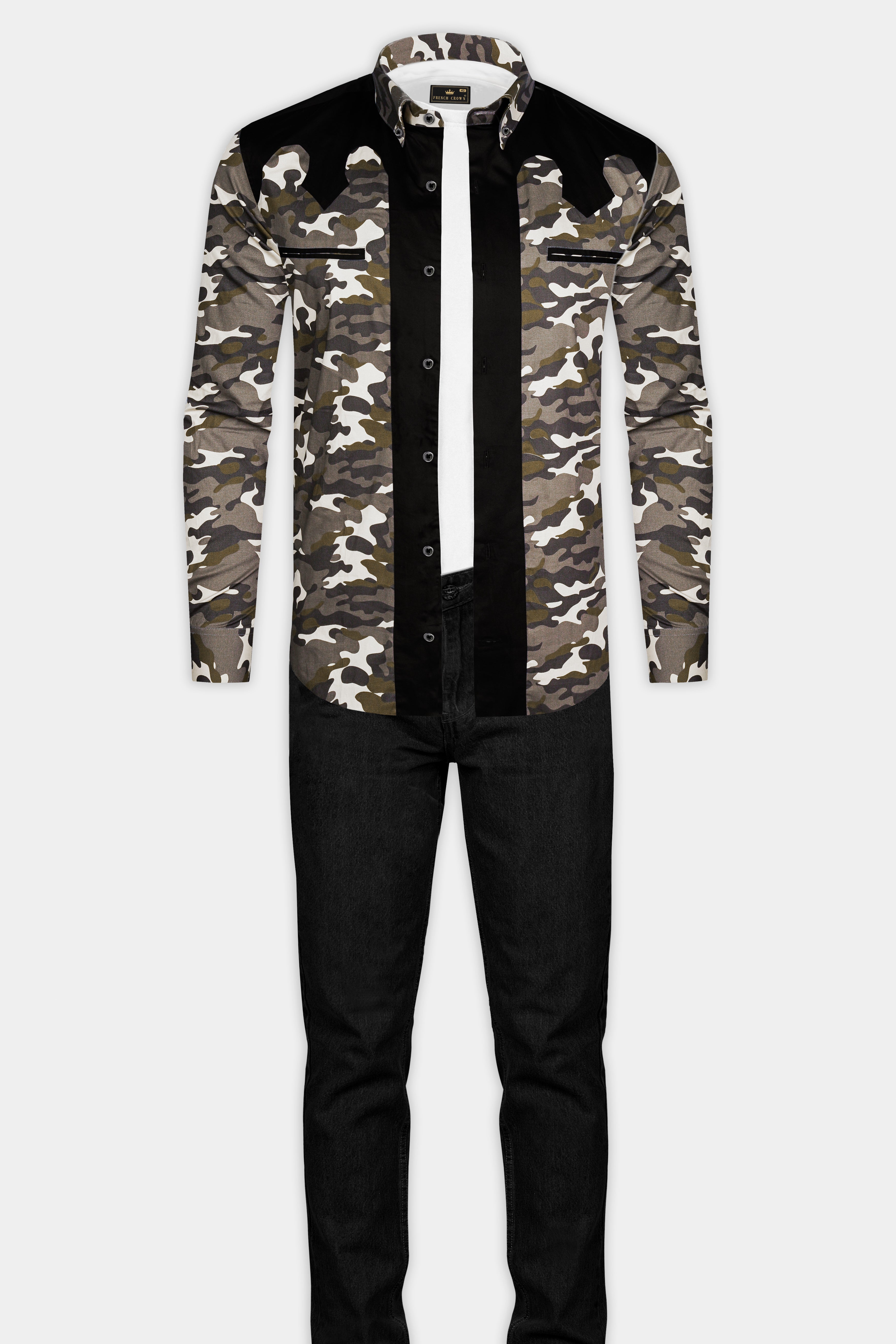 Wenge Brown And Jade Black Camouflage Printed Royal Oxford Designer Overshirt/Shacket