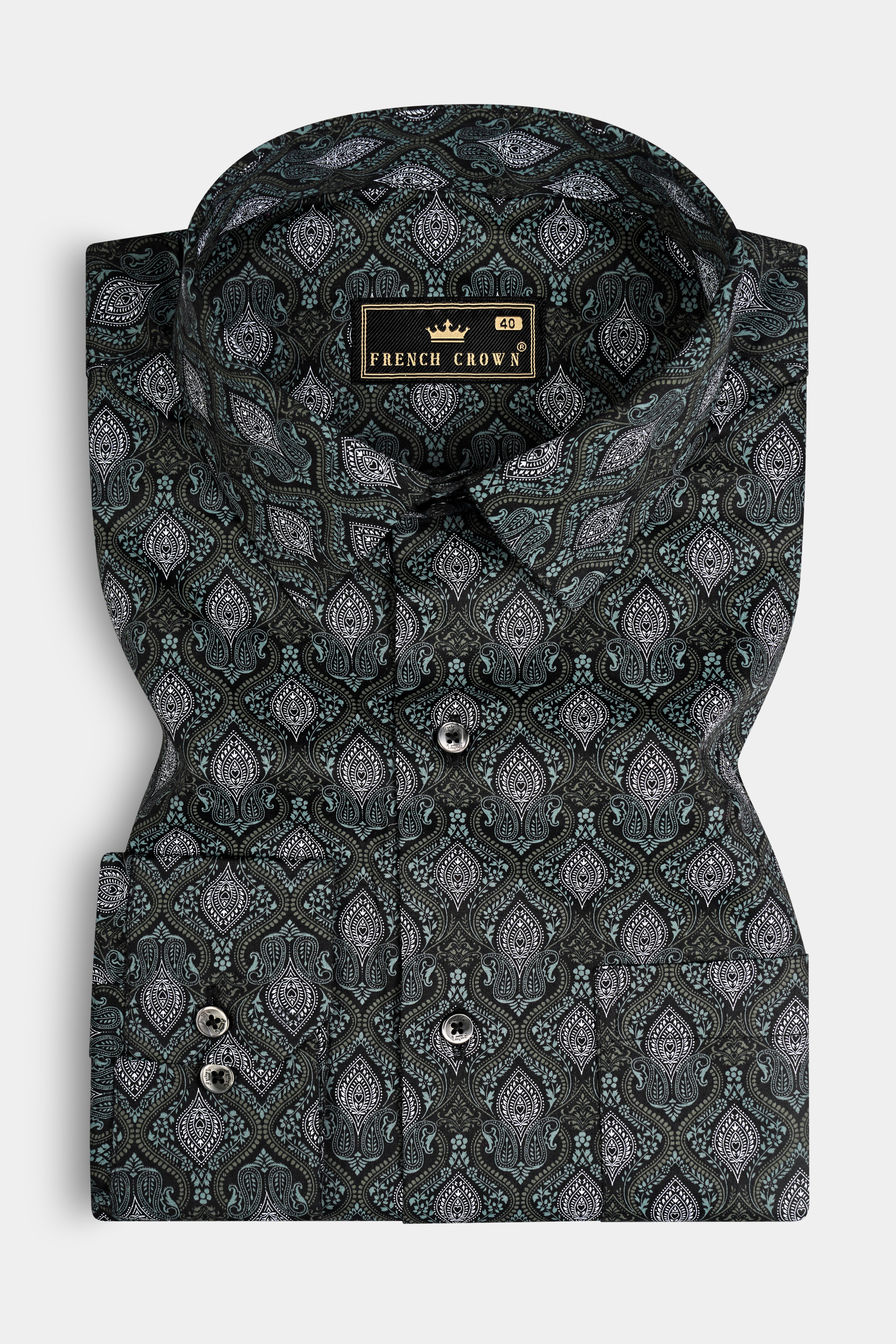 Jade Black And Cascade Green Printed Giza Cotton Shirt