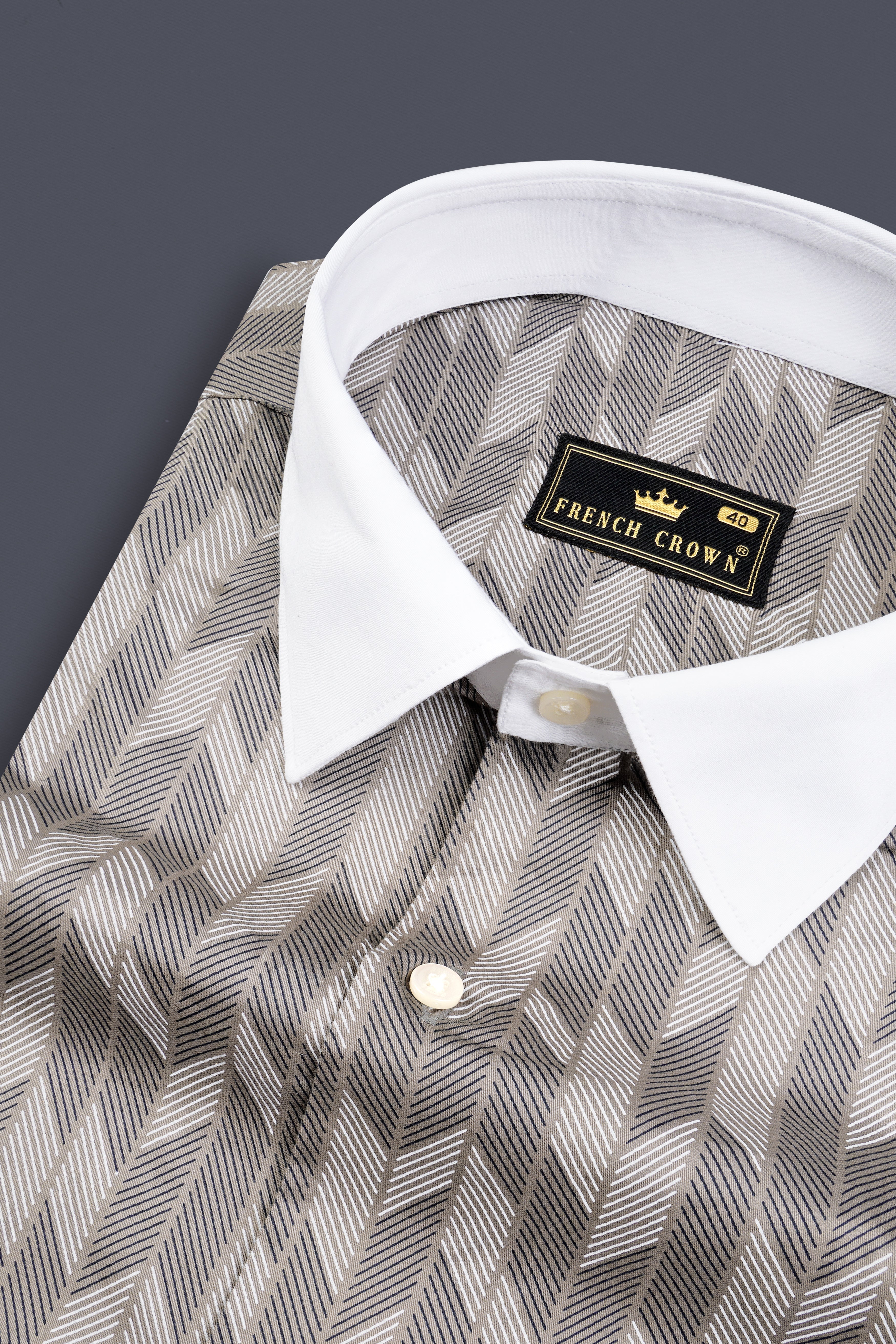 Oyster Gray And Bright White Printed Giza Cotton Shirt