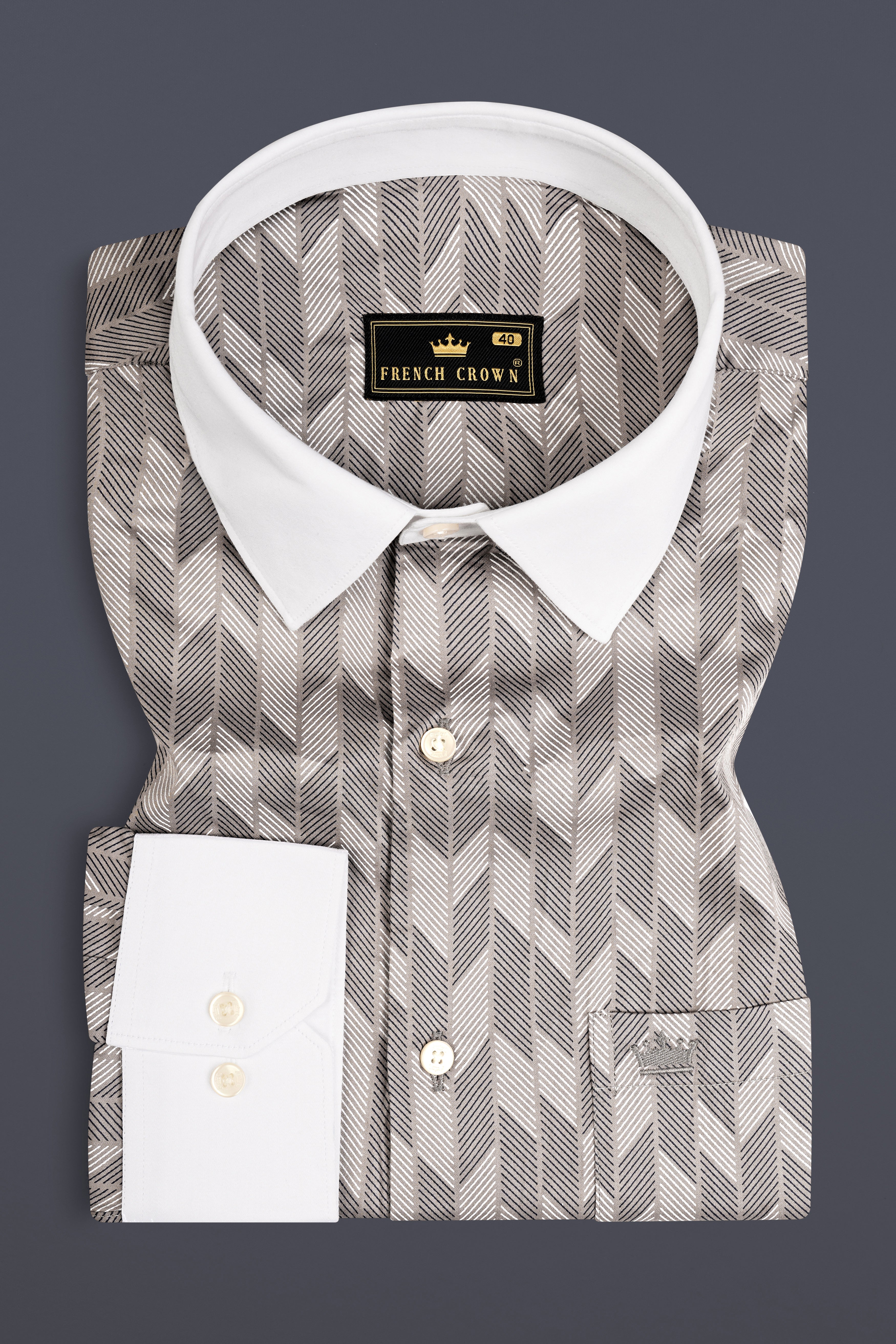 Oyster Gray And Bright White Printed Giza Cotton Shirt