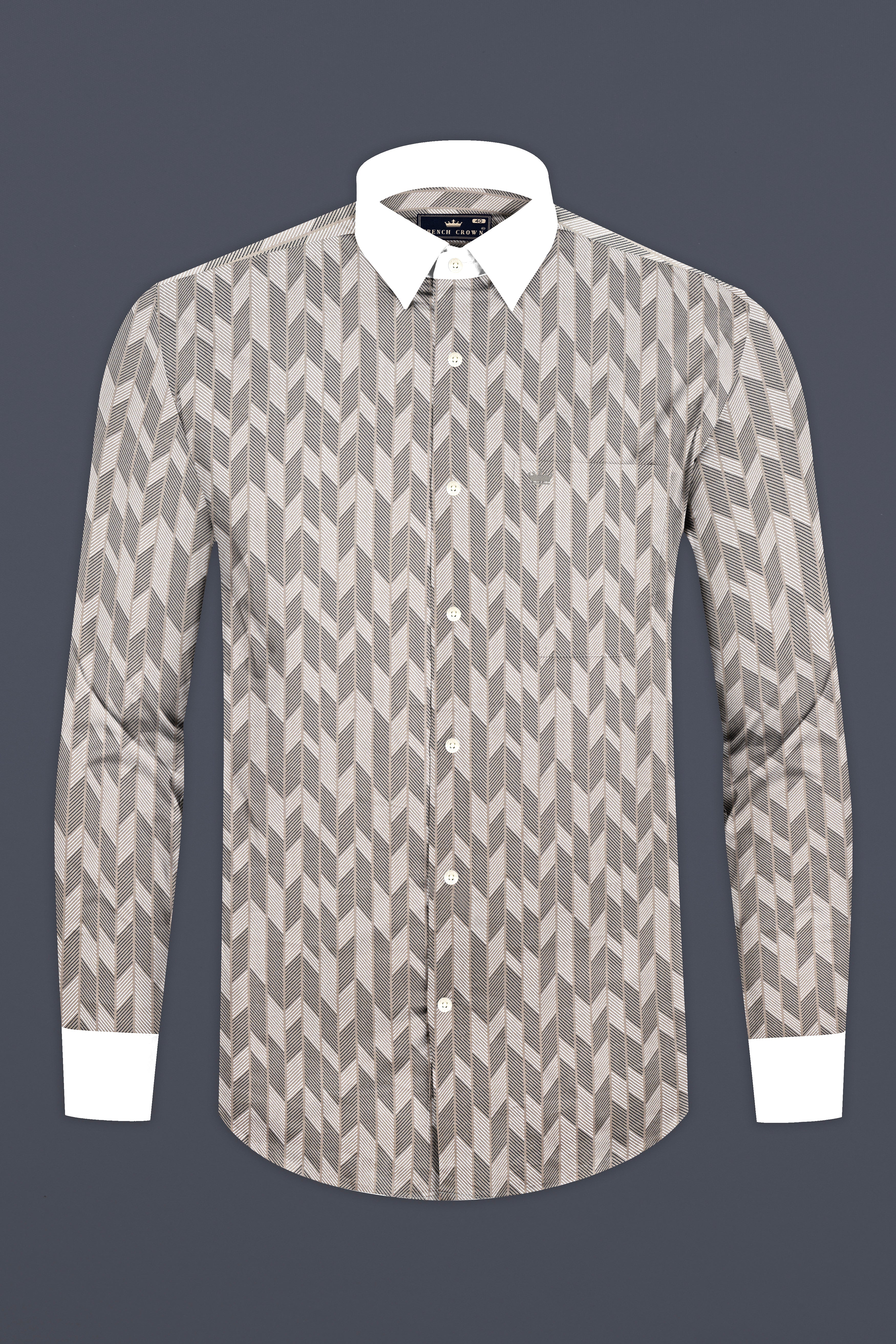 Oyster Gray And Bright White Printed Giza Cotton Shirt